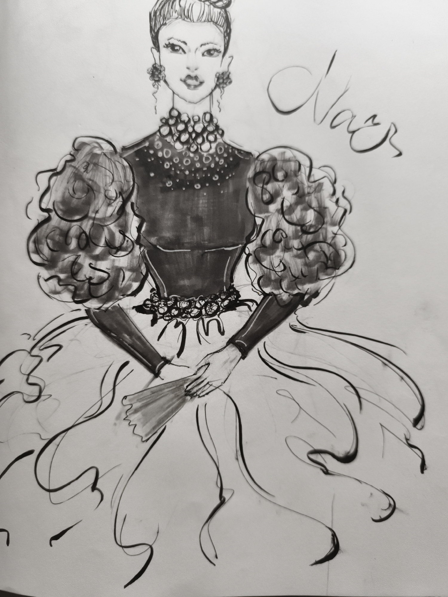 This is a black and white sketch of a woman in a formal gown. The woman has her hair styled up and is wearing large, ornate earrings and a beaded necklace. She has on a dark top with voluminous, puffed sleeves and a long, flowing skirt. In her hands, she is holding an open fan. To the right of the woman's head, there is a handwritten signature that appears to read "Nour". The sketch is done on a plain white background. There is no indication of any specific location, city, or environment within the image itself.