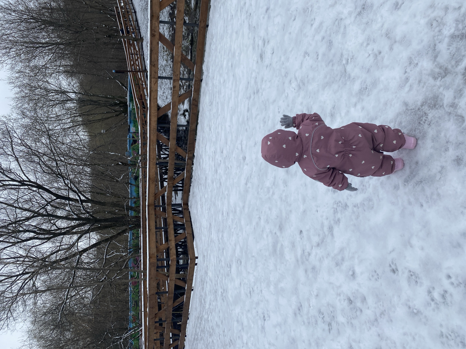 This image presents an overhead view of a young child in a snowy outdoor environment, likely in Perm, Russia. The child, an infant or toddler, is dressed in a thick, pink or mauve full-body snowsuit patterned with small white hearts. They are wearing pink boots and grey gloves. The child is positioned on their hands and knees on the snow-covered ground, facing away from the camera, appearing to crawl or explore.
The ground in the immediate foreground and around the child is covered in white snow, which shows some texture and minor discolouration, suggesting it might be slightly melted or trampled. A sturdy wooden fence, composed of vertical posts and horizontal beams, runs across the mid-ground, creating a visual divide. Beyond this fence, a line of bare, deciduous trees, characteristic of winter, stretches into the background. Some snow is visible on the branches of these trees. Faint glimpses of blue and green structures can be seen behind the trees, possibly indicating buildings or playground equipment.
The scene depicts a clear, though likely chilly, winter day with soft, diffused lighting suggesting an overcast sky. The overall impression is one of winter play or exploration. No discernible text is visible in the image.
