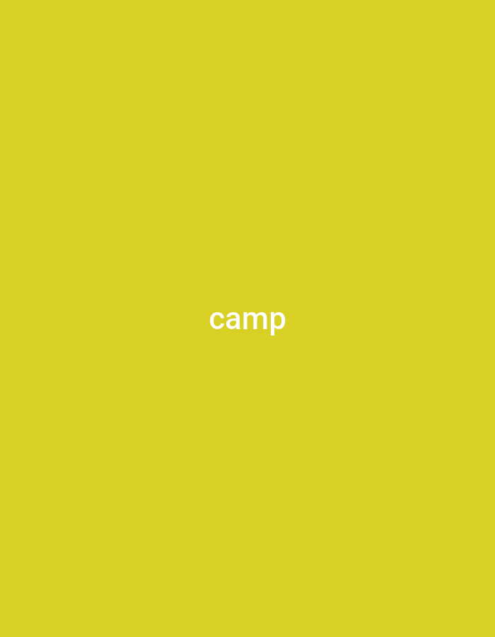 The image is a plain yellow background with the word "camp" written in white text in the center. The word is capitalized and centered horizontally and vertically. There are no other objects, people, or discernible scene elements. The image is a simple graphic with text. The word "camp" is the only visible text.