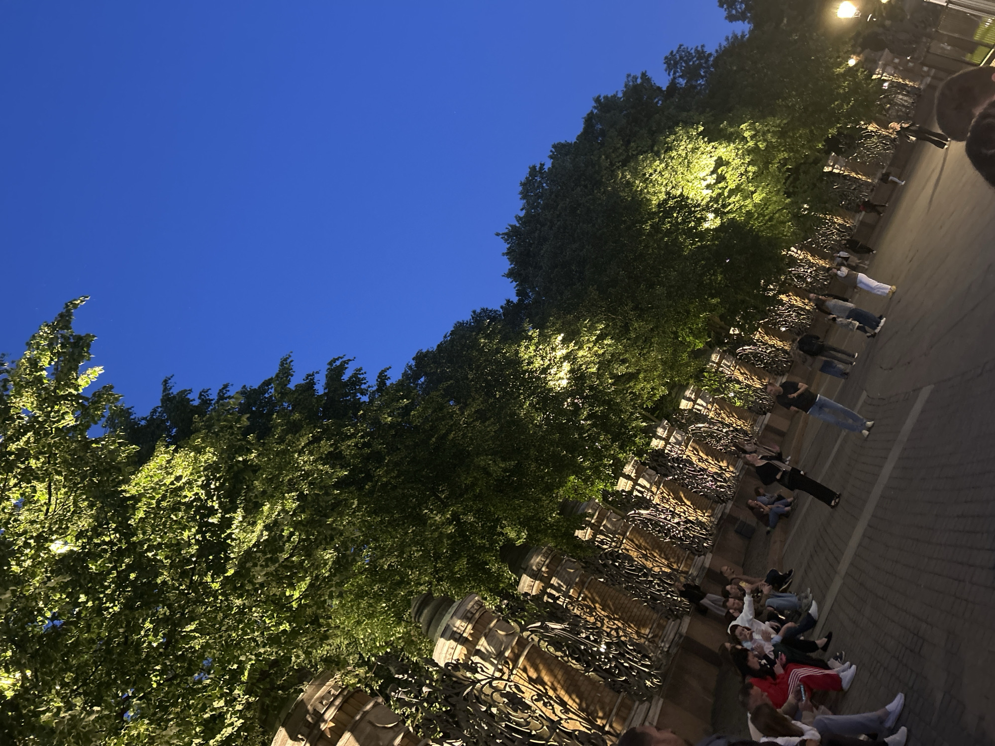 In an outdoor urban setting, a group of people are gathered along a decorative wrought-iron fence, illuminated by artificial lights that cast a golden glow on the trees behind them. The sky above is a deep twilight blue. The fence features ornate metalwork supported by brick pillars with decorative caps. Many individuals are seated on a paved walkway, some are standing, and a few are interacting with each other. The overall impression is a relaxed evening gathering in a well-maintained public space.