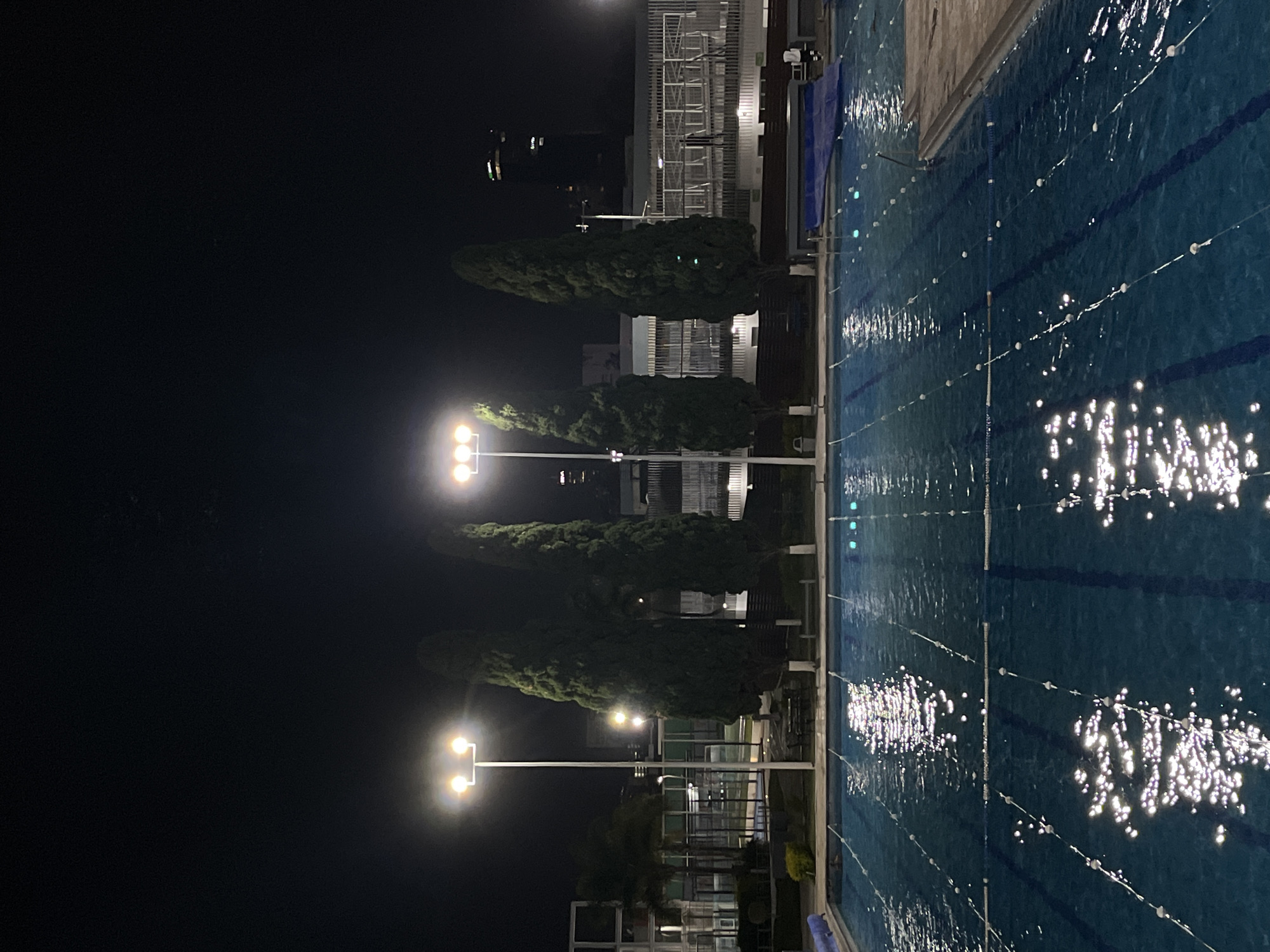 At night in an unknown city, a brightly lit swimming pool occupies the right side of the frame. The pool has multiple lanes delineated by dark blue lines. Small white floats are strung along each lane. Lights reflect off the surface of the pool, creating bright white glares. To the left of the pool is a row of tall, dark green trees. Streetlights illuminate the trees and the area surrounding them. In the background, there are buildings, with some appearing taller than others. The sky is dark, and the overall scene is illuminated by artificial lighting.