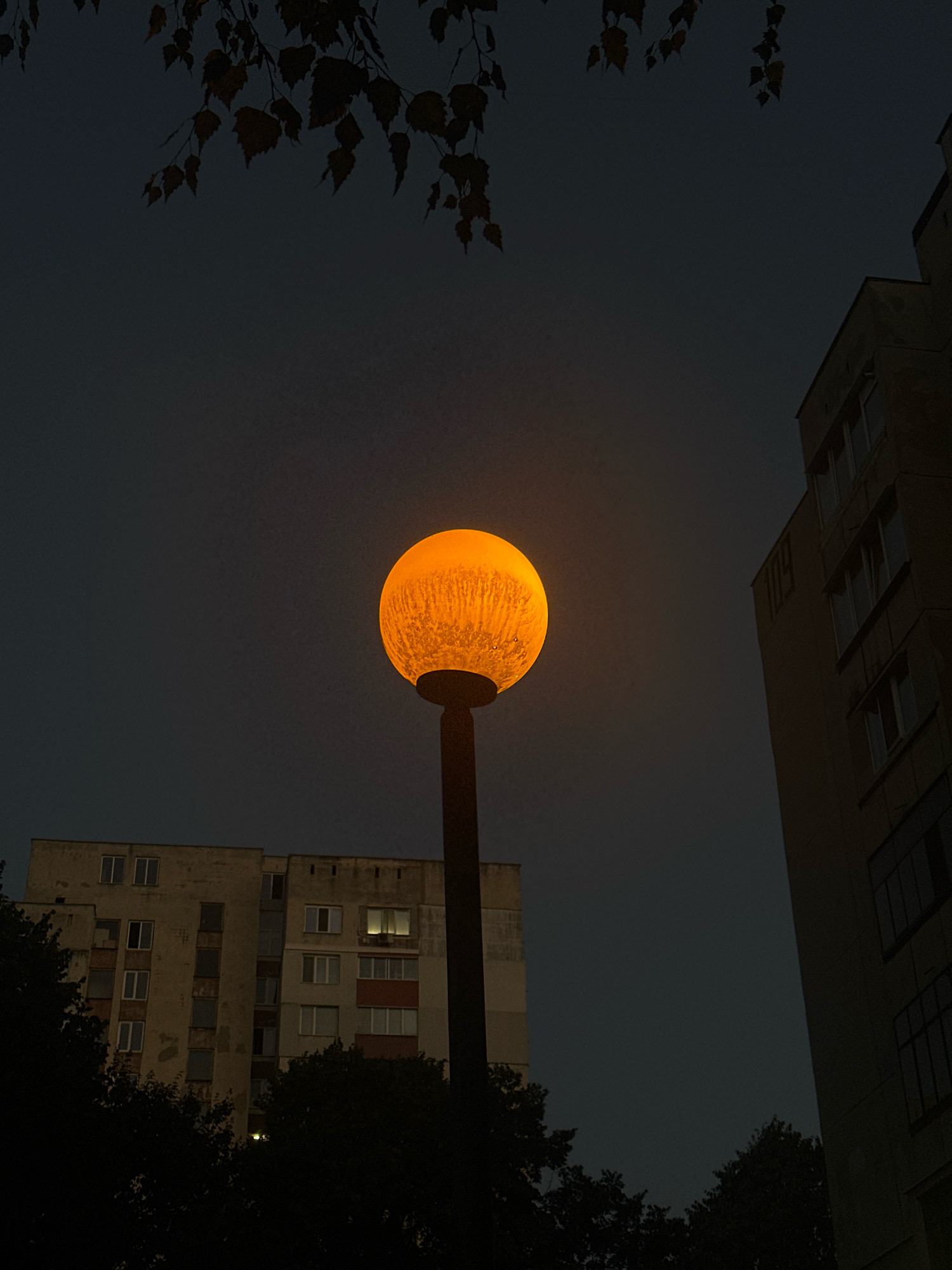 A street lamp with an illuminated orange spherical globe stands in the foreground, casting a warm glow against a dark, overcast sky. To the left, the weathered facade of a multi-story apartment building is visible, its windows reflecting the dim light. On the right, another building, taller and more modern, looms with a dark facade and large windows. Silhouetted trees obscure the lower portions of both buildings. The scene appears to be set in an urban environment, possibly in Sofia, Bulgaria, given the architectural style of the apartment buildings. The overall mood is somber and twilight, with the artificial light of the lamp providing the only significant illumination.