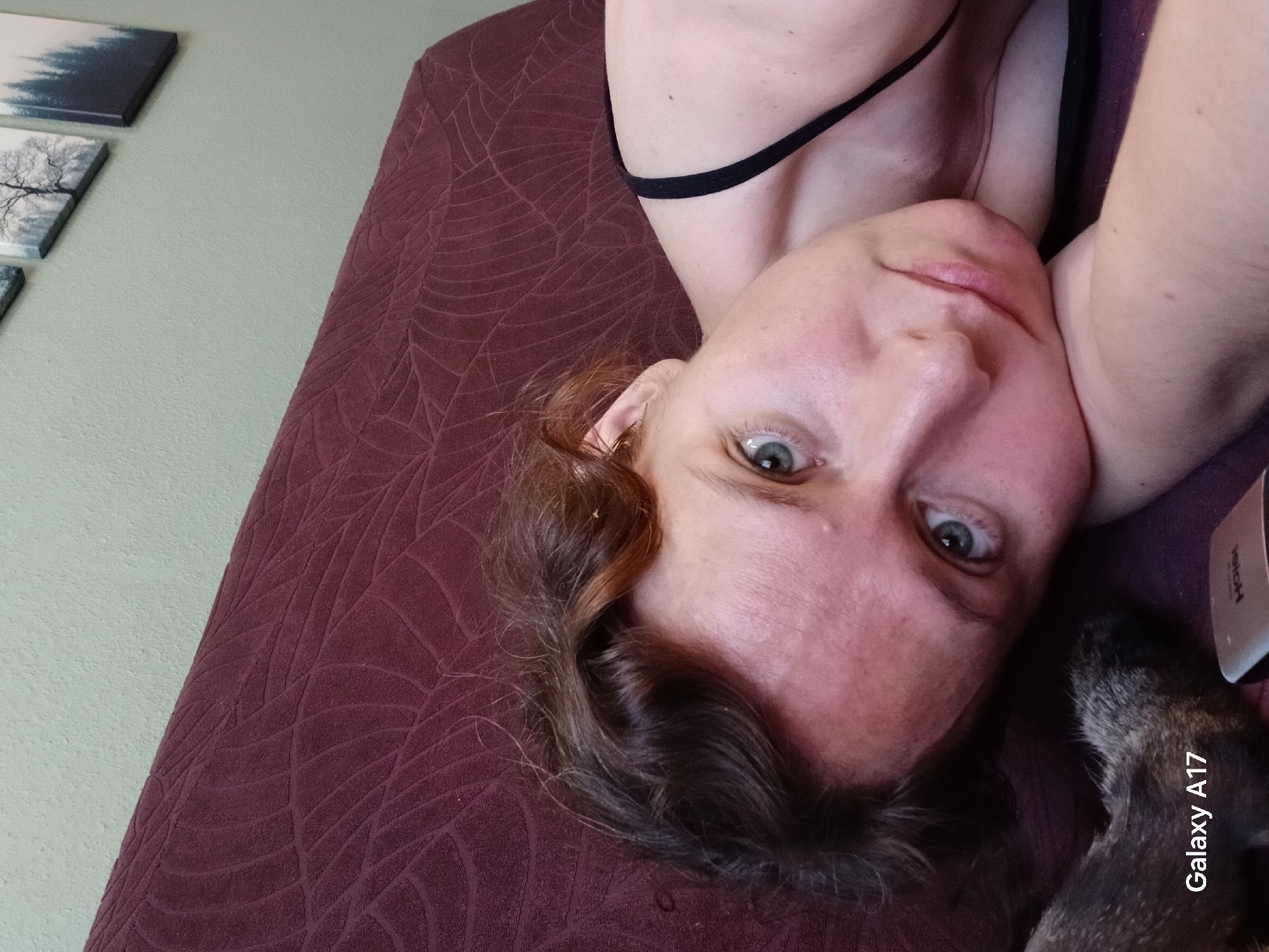 A woman with fair skin and light eyes lies on a burgundy-colored textured surface, possibly a bed or couch, with artwork visible on a light green wall in the background. She has reddish-brown hair. Part of a dog's head is visible near her face. A smartphone, identified as a "Galaxy A17," is also in the frame. The photo does not contain enough information to determine the location in Yekaterinburg, Russia.