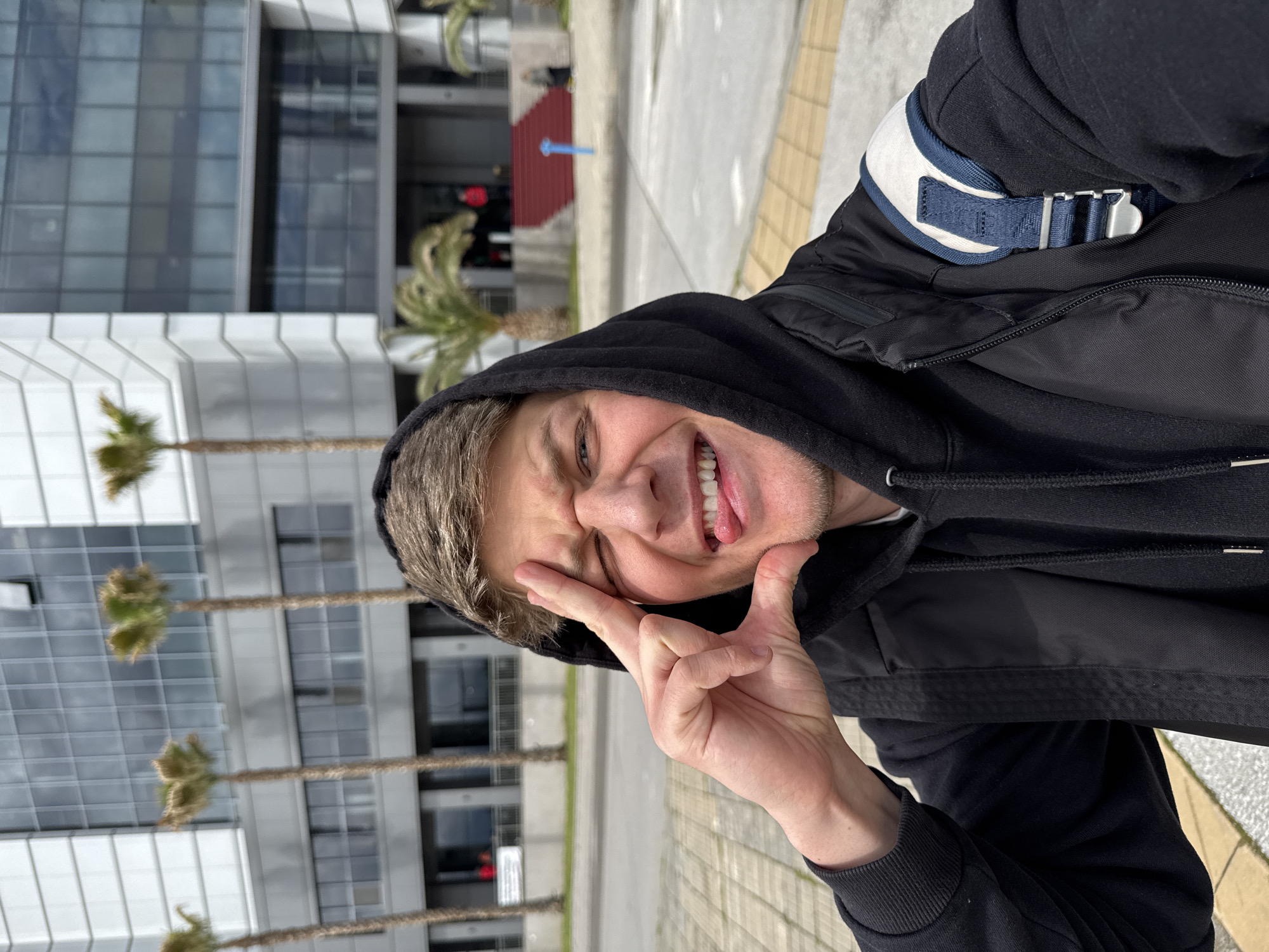 A selfie-style portrait captures a man outdoors in Plovdiv, Bulgaria. The man, likely young to middle-aged with light brown hair and stubble, is looking directly at the camera with a playful expression. He is winking with one eye, smiling broadly with his tongue slightly out, and making a peace sign with his left hand. He wears a black hooded sweatshirt with the hood up, covered by a black jacket. A blue and white strap, possibly from a backpack or camera, is visible over his right shoulder.
The background features a modern urban environment. Several tall, slender palm trees with sparse, spiky fronds line what appears to be a paved sidewalk or plaza. Behind the trees, there's a large, contemporary building characterized by numerous glass windows and white or grey paneling, reflecting the sky. In the mid-ground, a distinct red structure, possibly stairs or part of another building, can be seen. The lighting suggests it is daytime, with bright but even illumination, indicative of either an overcast sky or a sunlit scene without harsh shadows. No visible text is present in the image. The overall mood is cheerful and lighthearted.