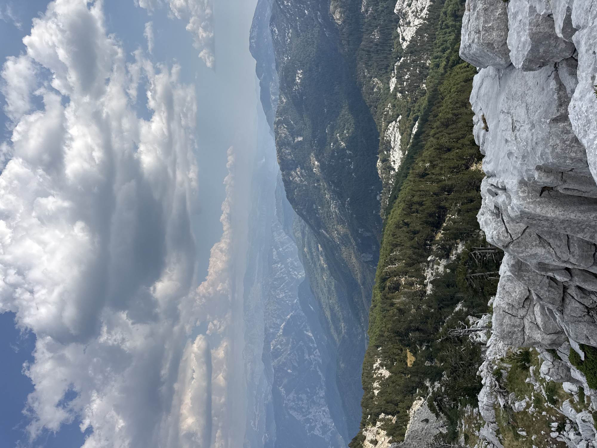 A panoramic view of a mountainous landscape under a cloudy sky. In the foreground, large grey rocks are scattered across a rocky, sparsely vegetated area. Beyond this, a dense forest of dark green pine trees covers the slopes of a mountain. In the mid-ground, successive layers of rolling mountains recede into the distance, their peaks and valleys gradually fading into a hazy blue. The sky above is filled with a mix of white and grey cumulus clouds, with patches of blue visible. The scene depicts a natural, wild environment.