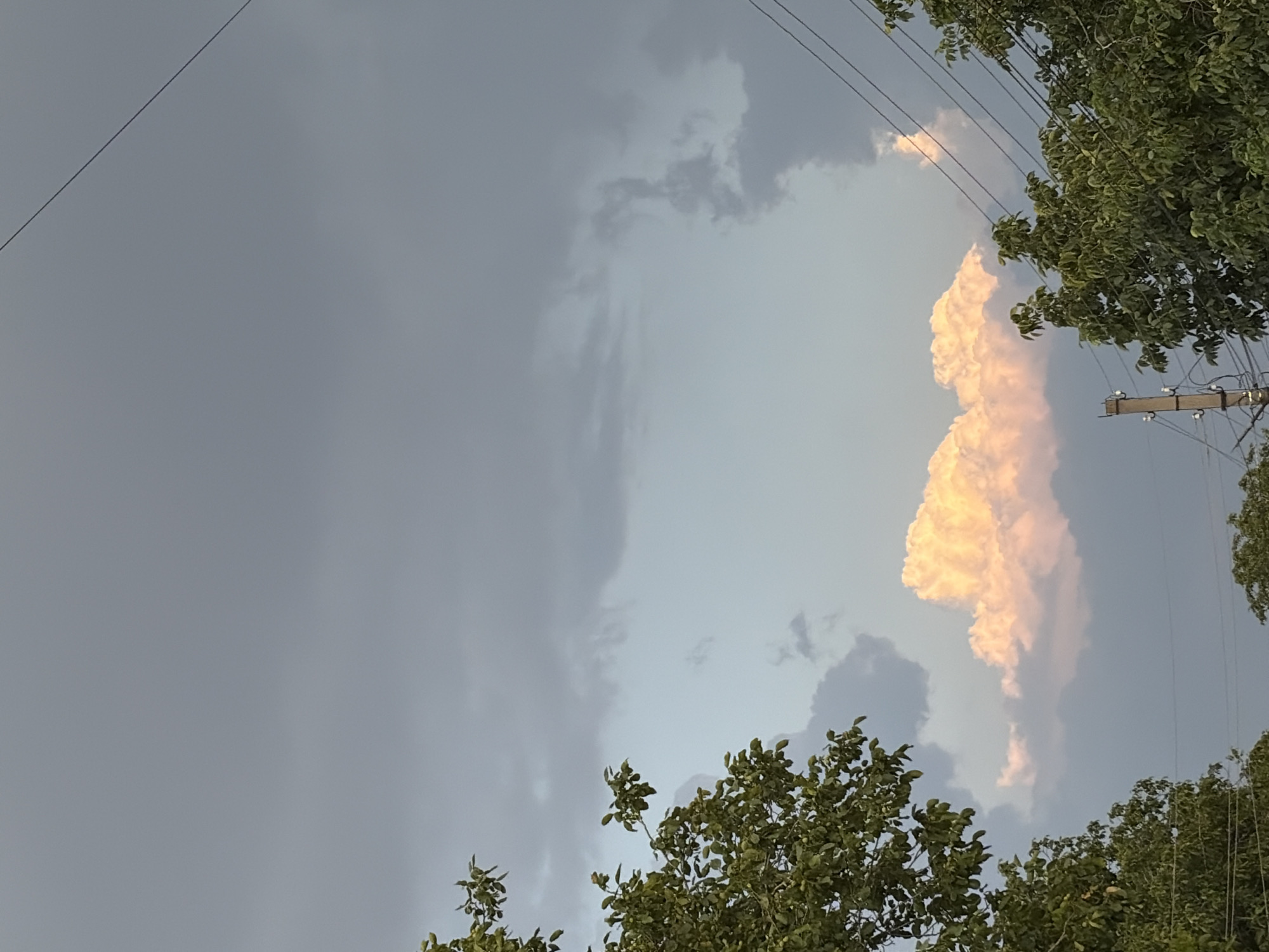 The image depicts a cloudy sky over the city of Oxentea, Moldova. The sky is dominated by dark, heavy clouds, with a sliver of lighter, pale blue visible in the center. A single, brightly lit cloud with a pinkish-orange hue stands out against the darker sky. Green trees with dense foliage frame the bottom and left sides of the image, with their branches reaching upwards. Power lines are visible stretching across the upper right portion of the frame. A wooden utility pole with insulators is partially visible at the bottom center. The overall impression is one of an overcast day, possibly before or after a storm, with a striking contrast between the dark clouds and the illuminated cloud formation.