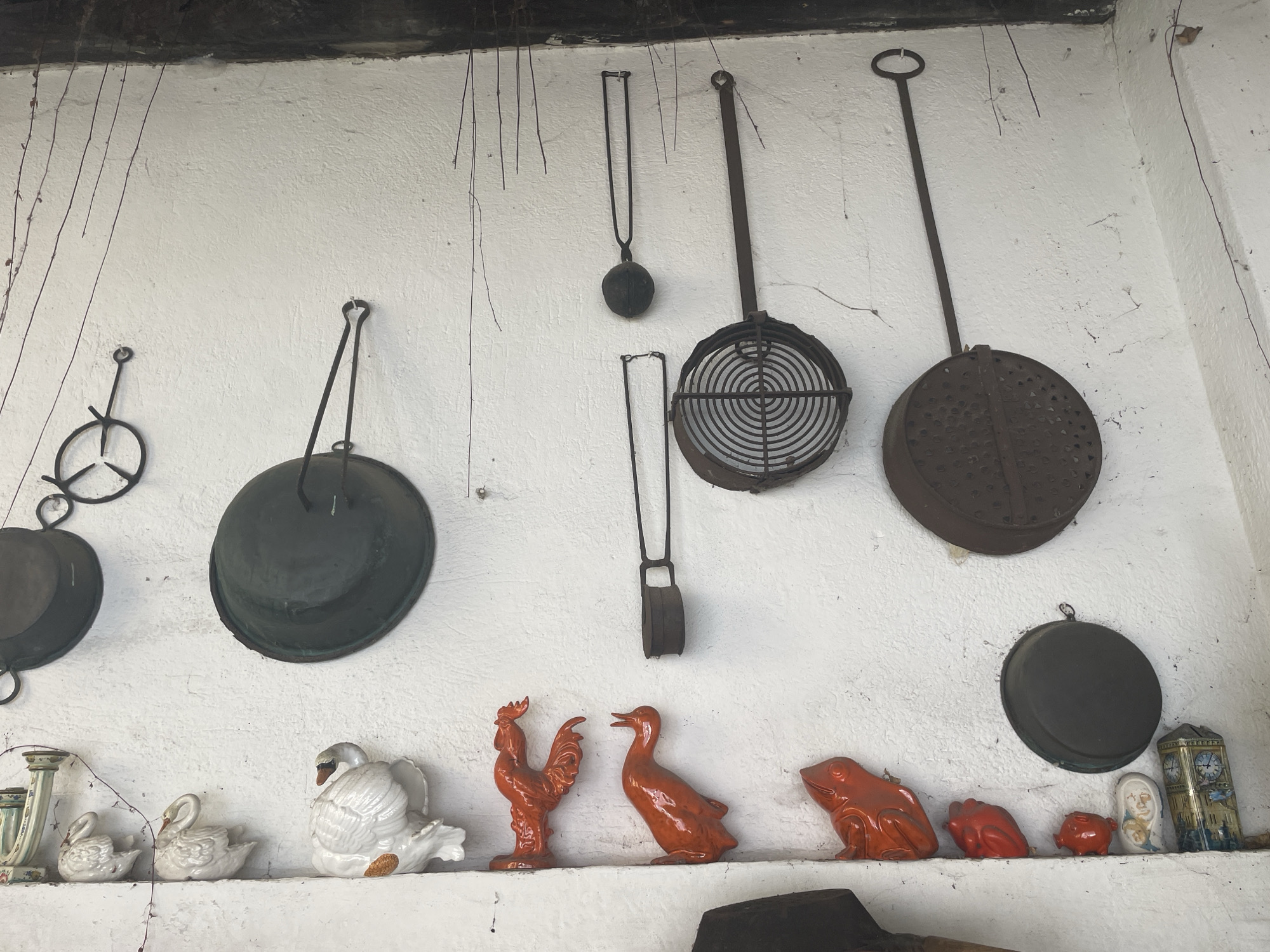 The image depicts an outdoor scene, likely a wall or alcove, adorned with a collection of vintage kitchenware and decorative ceramic figurines. Hanging on a textured white wall are several metal cooking utensils, including at least three round, flat pans with long handles, two of which are perforated, and one with a circular grid insert. Also hanging is a single round object suspended by a chain.
Below the hanging items, on a white shelf, are several ceramic figurines. From left to right, these include two small white swan figurines, a larger white swan, an orange rooster, an orange duck, and three small orange frog or toad figurines. Further to the right on the shelf are more items, including a cylindrical clock with a face depicting Big Ben, and a white figurine with a face.
The environment appears rustic, with visible cracks in the white wall and thin, dry vines hanging from above. The lighting suggests it is daytime, possibly outdoors or in a well-lit covered area. There are no people or animals present in the image, and no discernible actions or interactions are taking place. The specific location in Borgosesia, Italy, cannot be determined from the visual information provided.