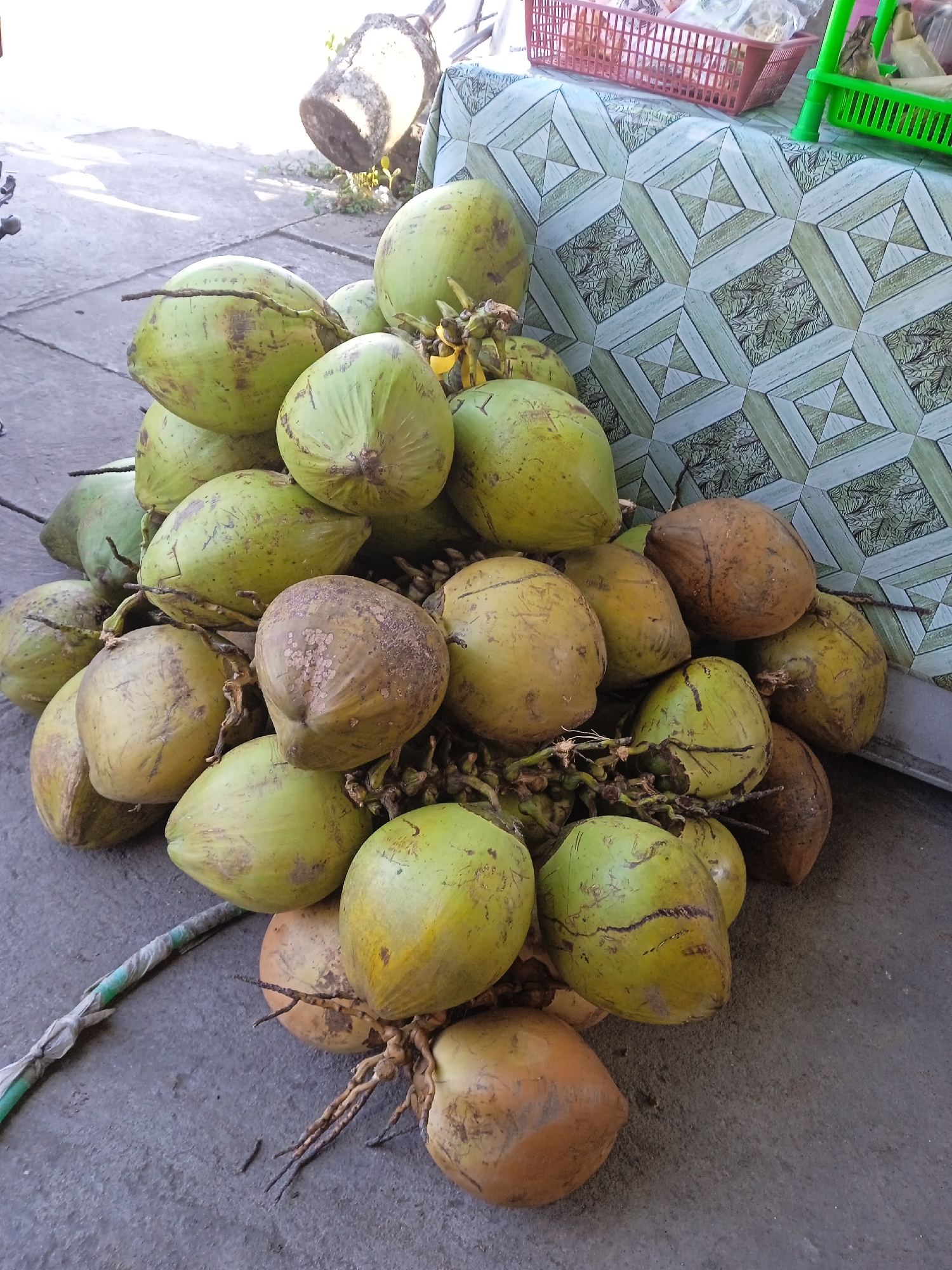 The image captures a pile of coconuts on the ground next to a table covered with a patterned tablecloth. The coconuts vary in color from green to brown. The table has several baskets on top, including a red plastic basket and a green plastic basket. The scene is located in Brangsong, Indonesia.