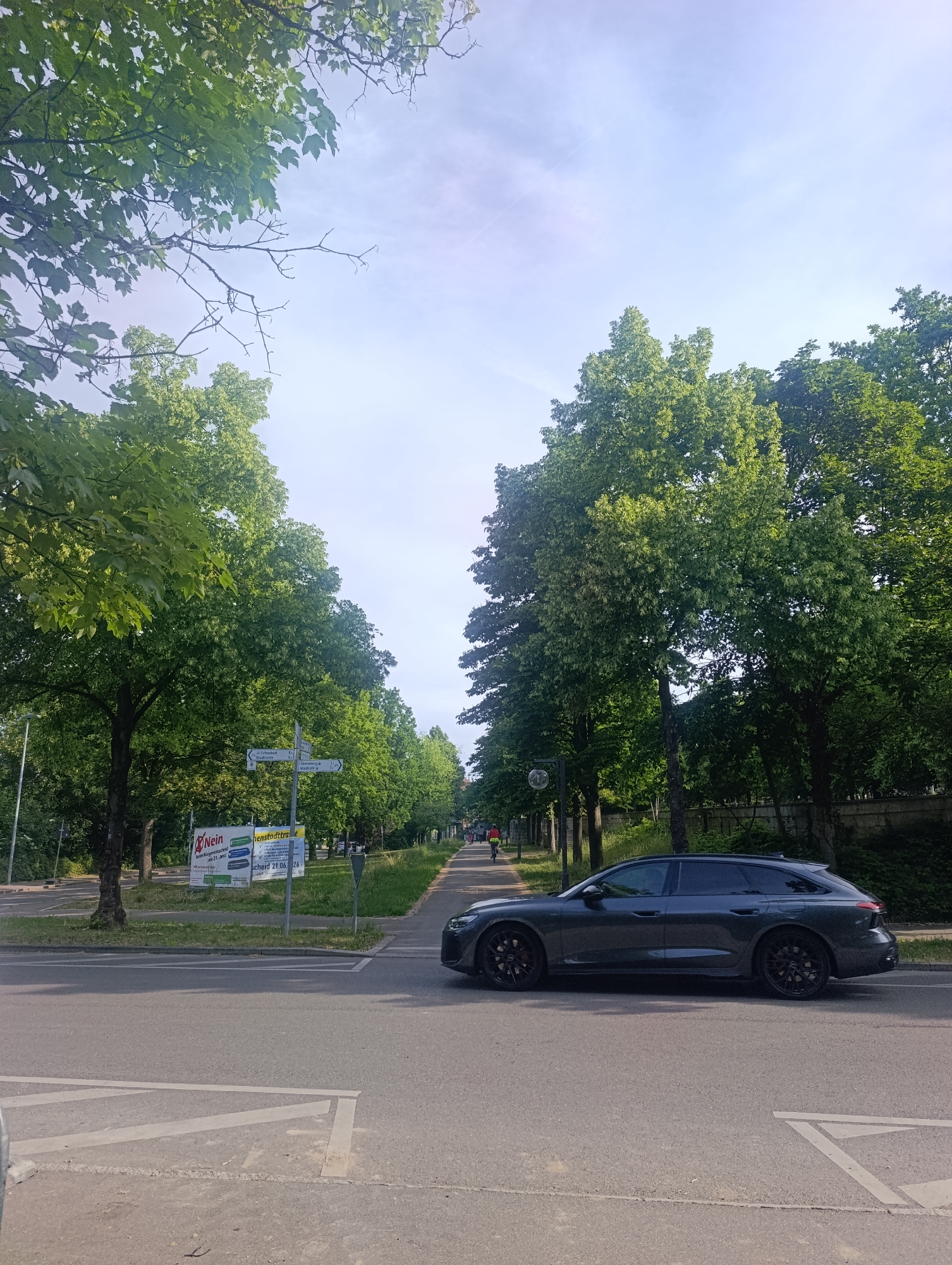 This image depicts a tree-lined avenue in Pfullingen, Germany, captured on a bright, clear day, likely in the late morning or early afternoon. The scene features a paved road running along the left, separated by a grassy median from a narrower path on the right. Abundant green trees with full foliage line both sides of the road and path, creating a vibrant, natural canopy overhead.
In the foreground, a dark grey car, resembling a station wagon or large hatchback with black wheels, is prominently visible on the paved road, positioned towards the right side of the frame and facing left. In the middle distance, a white signpost stands within the grassy median, displaying multiple directional arrows. One arrow clearly points towards "Reutlingen 5,4 km," and another indicates "Stadthalle." Behind the signpost, two large billboards are visible. The left billboard reads "Nein beim Bürgerentscheid zur Umgehungsstraße!", indicating a local referendum regarding a bypass road. The right billboard shows partial text like "henstadt traße" and a date, possibly "21.06.26".
Activity on the path includes a person wearing a red top riding a bicycle into the distance on the left side, and another smaller figure further down the path in the center. The sky above is light blue with minimal, faint cloud cover, suggesting good weather conditions. The overall image portrays a serene yet active street scene, emphasizing the lush greenery and typical daily life in a German town.
