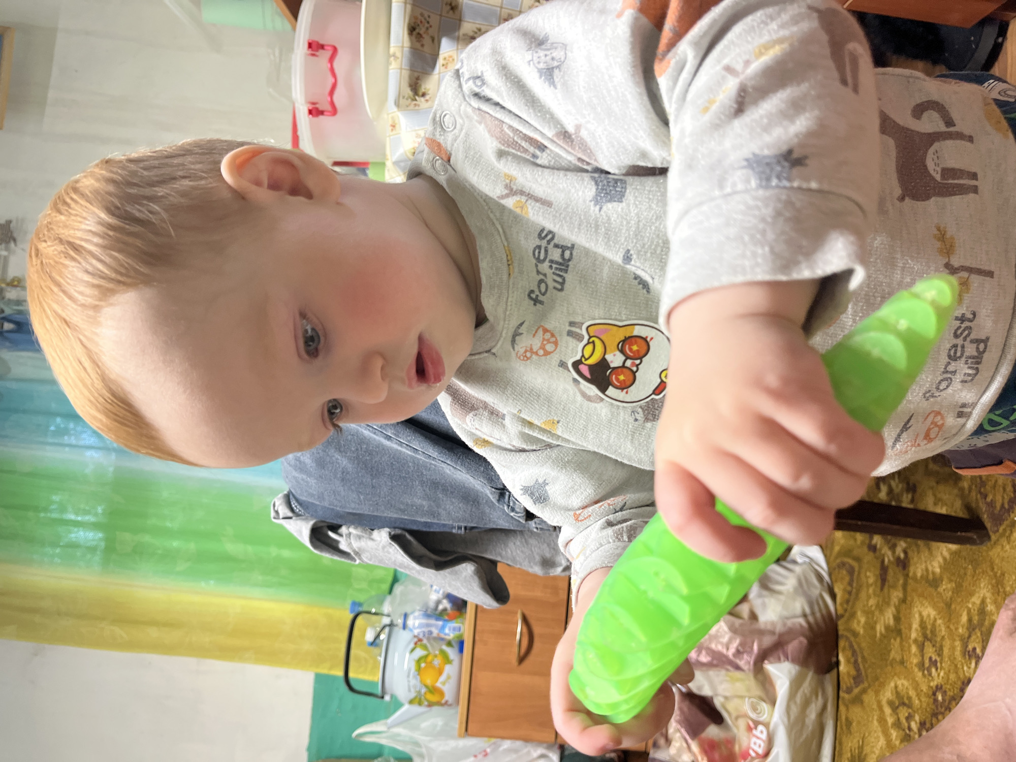 A young child with light blond hair is sitting on a patterned surface, likely a chair or lap, in a room that appears to be in a home. The child is wearing a long-sleeved shirt with animal prints and a cartoon patch. The child is holding a green, ribbed object in their hands. The background shows a cabinet with a gold handle, plastic containers, a kettle, and food packaging. The image location is the city of Chaikovsky, Russia.