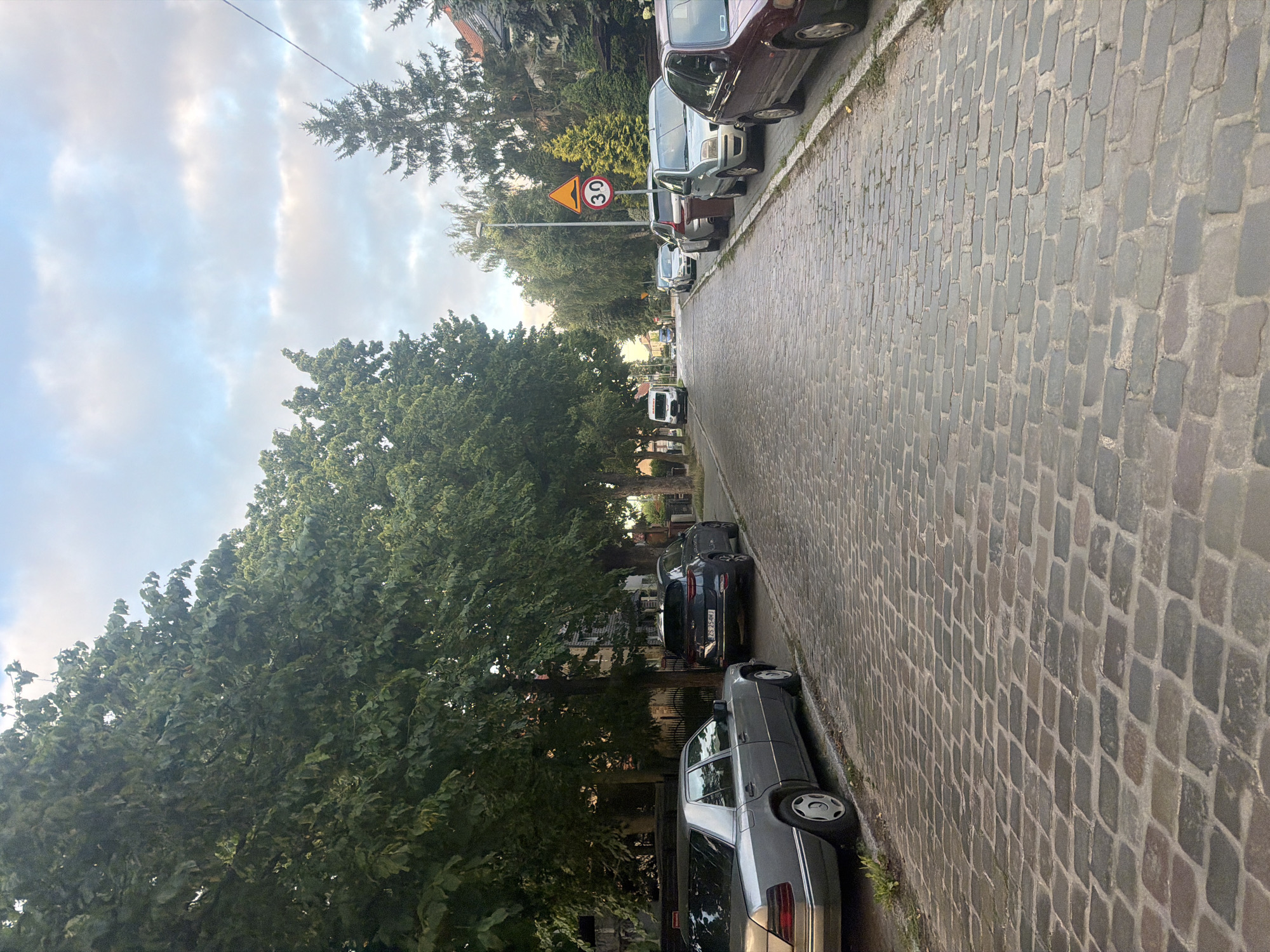 A narrow cobblestone street lined with mature trees runs through a residential area in Szczecin, Poland. Cars are parked along the right side of the street, and a speed limit sign indicating 30 km/h is visible. The sky is overcast with scattered clouds. The scene depicts a quiet, suburban streetscape.