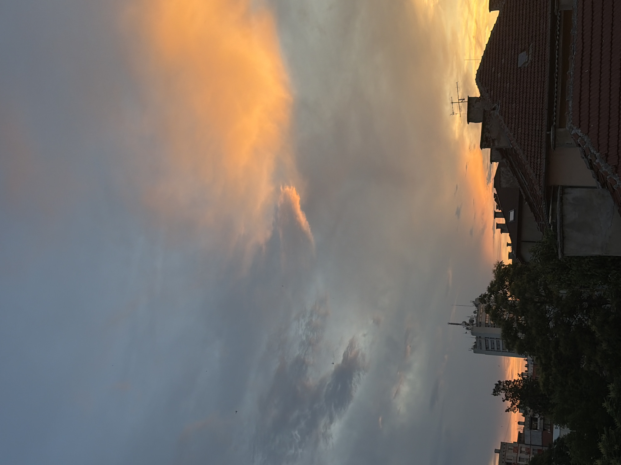 A dramatic sunset paints the sky with vibrant orange and grey clouds. Below, silhouetted buildings and trees create a city skyline. A tall, modern building with an antenna stands out amongst older, tiled-roof structures. Several birds are visible in the sky, appearing as small dark specks. The overall scene depicts an urban landscape at dusk, characterized by the striking contrast between the natural beauty of the sunset and the man-made environment.