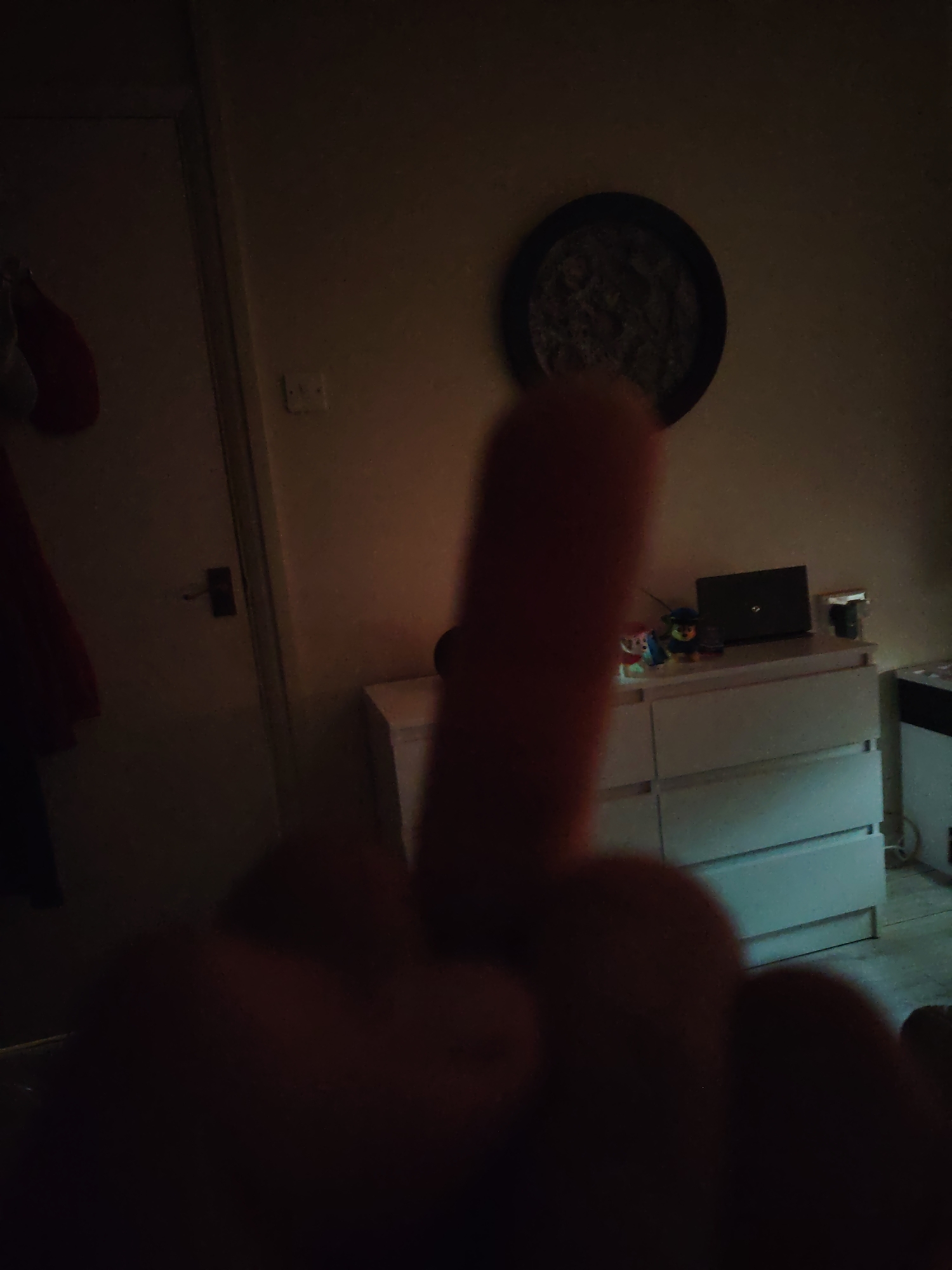 The image presents a dark and blurry indoor scene, likely a room in a residential setting. In the immediate foreground, a hand is prominently out of focus, with the middle finger extended directly towards the camera, conveying a commonly recognized offensive gesture.
The background reveals a dimly lit room. To the left, a dark door with a visible handle and frame is present, and a red piece of clothing or fabric hangs near it. On the wall to the right of the door frame, there is a light switch or electrical outlet. Above a light-colored dresser or set of drawers in the midground, a dark, round object, possibly a decorative plate or clock, is mounted on the wall.
On top of the dresser, a dark laptop is visible, along with two small, colorful figurines or toys, one appearing to be a blue character from Paw Patrol. The floor to the right of the dresser is faintly discernible. The poor lighting suggests the image was taken at night or in a very dark environment. There is no visible text in the image. The location context for this image is Huntingdonshire, United Kingdom.