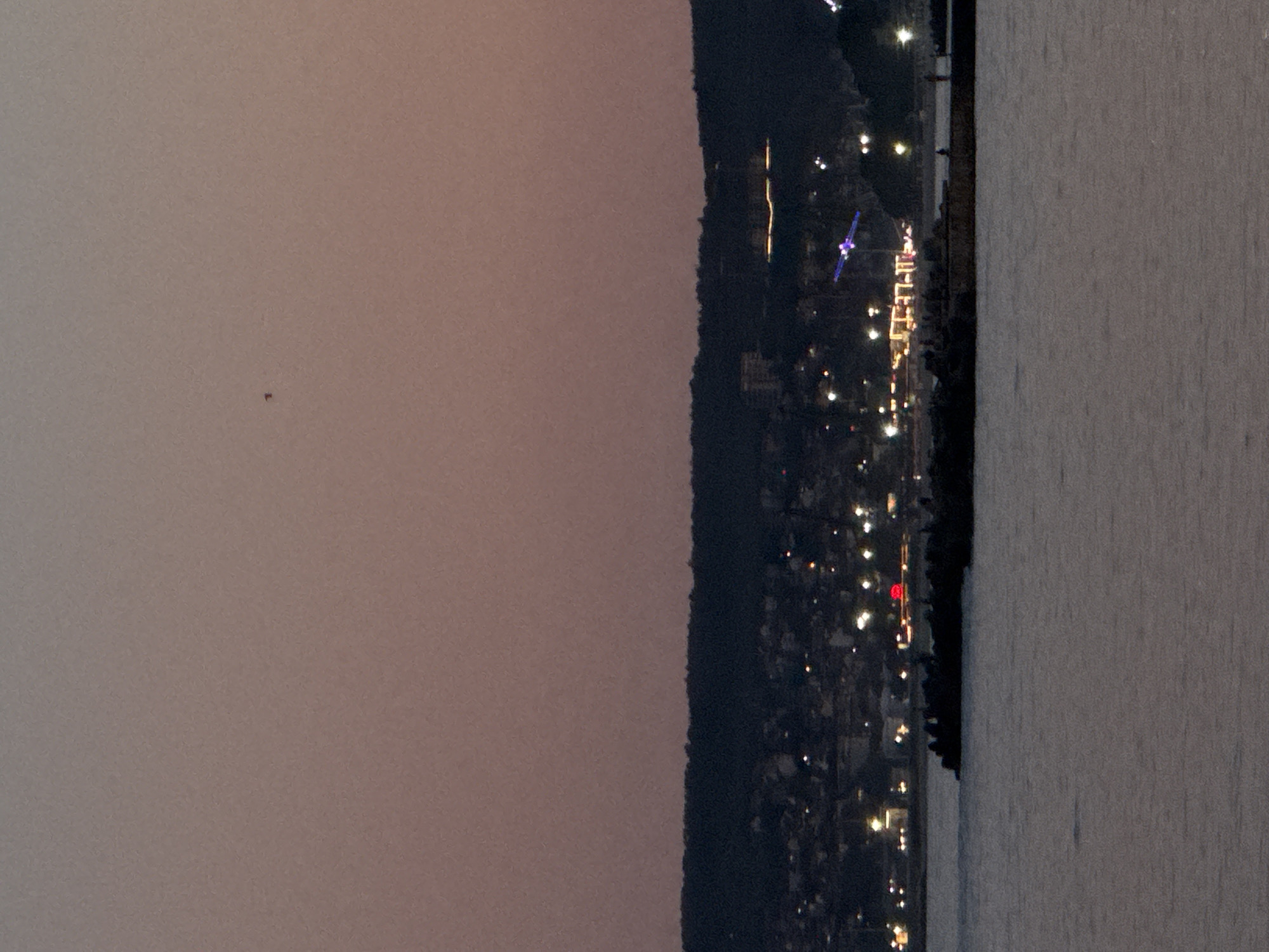 This is a nighttime photograph of a waterfront in Varna, Bulgaria. The sky is a dusky pink, transitioning to a darker shade of purple at the top of the frame. A faint, dark silhouette of a hill or treeline stretches across the middle ground, dotted with the lights of a city. In the foreground, a body of water reflects the dim lights from the city and some illuminated structures on the waterfront.
Along the waterfront, several structures with lights are visible. One prominent structure appears to be a building with illuminated windows and possibly a sign with horizontal lettering. To the right of this, a Ferris wheel or similar amusement ride is illuminated with purple lights. Further to the right, silhouetted figures of people can be seen standing on what appears to be a pier or breakwater.
On the left side of the frame, a dark, jagged breakwater juts out into the water. The water itself is calm, with subtle ripples reflecting the ambient light. The overall impression is one of a city at dusk or early evening, with its lights beginning to illuminate the scene.