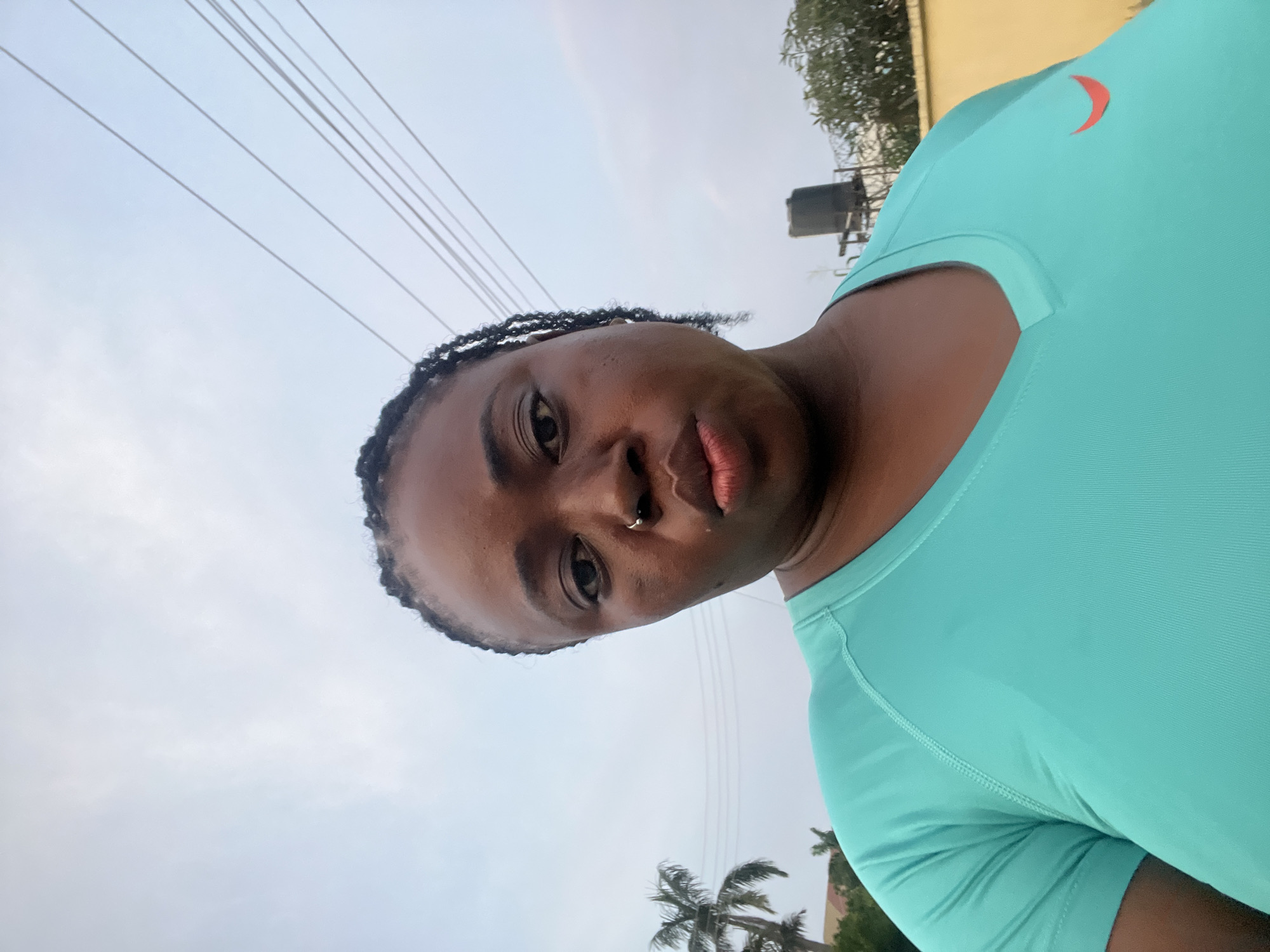 A dark-skinned woman with braided hair is taking a selfie outdoors in Abuja, Nigeria. She is wearing a teal t-shirt. The background features a pale sky, power lines, a palm tree, a water tank, and a yellow building. The image appears to be taken at eye level, with the woman's face taking up a significant portion of the frame.
