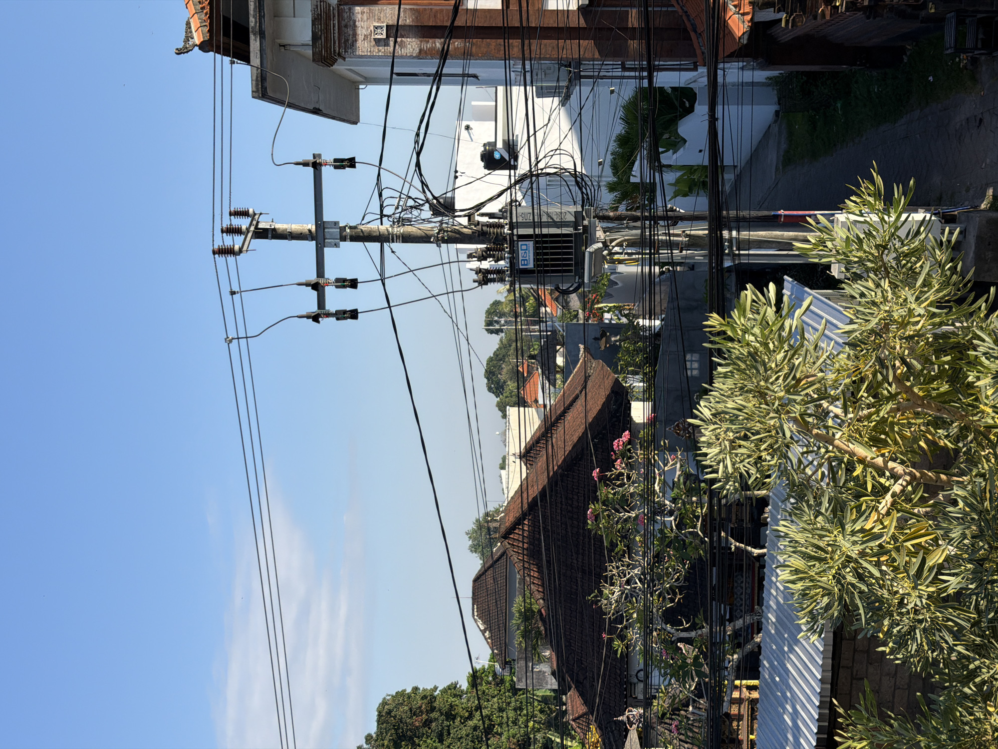 The image captures an overhead view of a residential area in Mengwi, Indonesia, on a clear day. A prominent electrical transformer and utility pole stand in the center of the frame, adorned with a dense network of wires. To the right, a white building with a tiled roof is partially visible, featuring decorative brickwork. Below, houses with dark tiled roofs are scattered amongst lush green trees. A narrow paved pathway winds through the scene, flanked by vegetation and low walls. The foreground is dominated by the branches of a leafy tree. The scene is well-lit by sunlight, casting shadows on the pathway and illuminating the foliage.