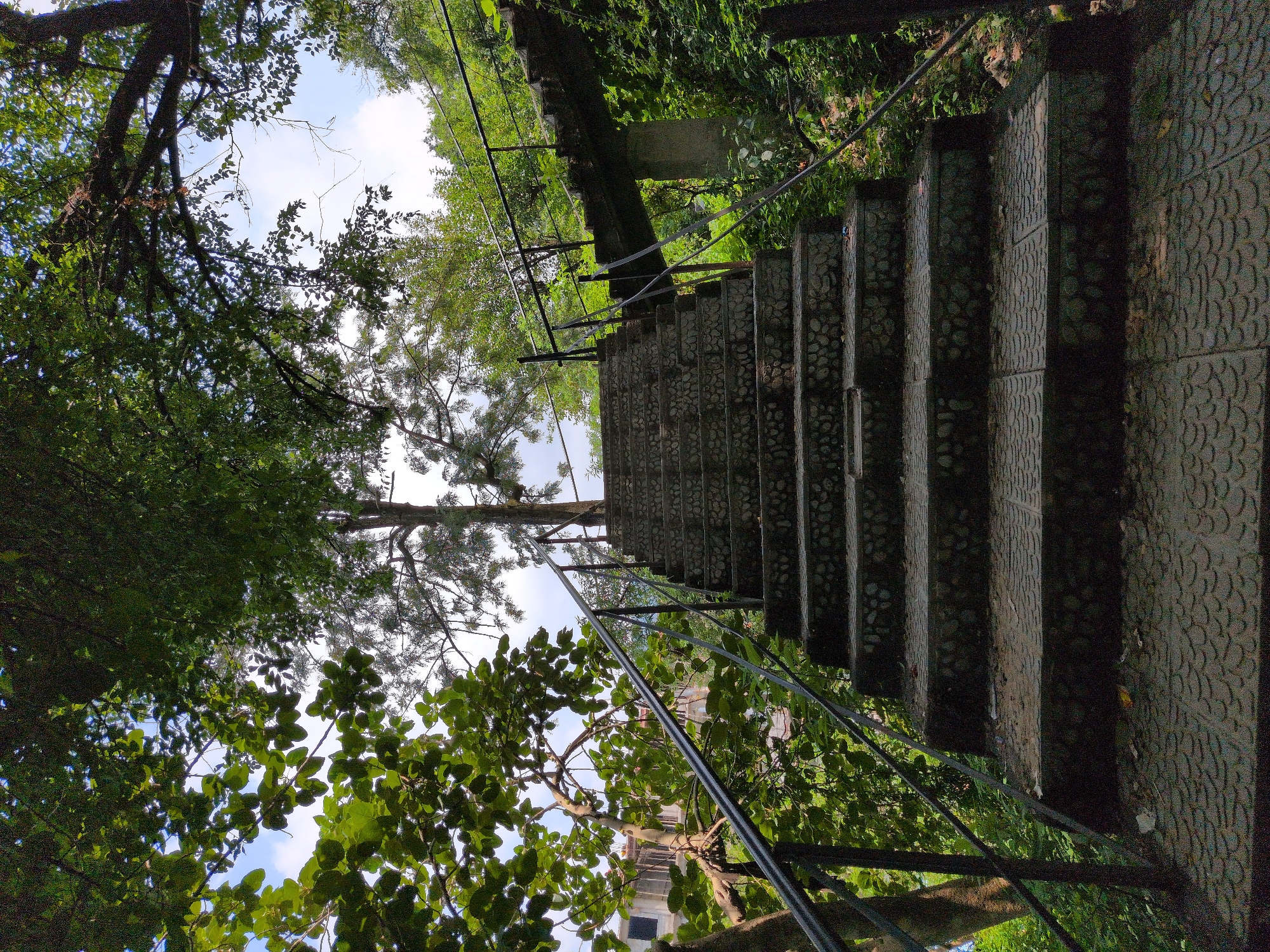 The image depicts an outdoor stone staircase with metal railings ascending a gentle slope, flanked by lush green foliage and trees. A concrete bridge structure with supporting pillars is visible to the right, partially overgrown with vegetation. In the background, a multi-story building with visible windows and balconies can be seen through the trees on the left. The sky above is partly cloudy. The scene suggests a public park or a pathway within a natural setting. This staircase is located near the Norbulingka Institute in Dharamshala, India, a significant cultural and educational center for Tibetan Buddhism.
