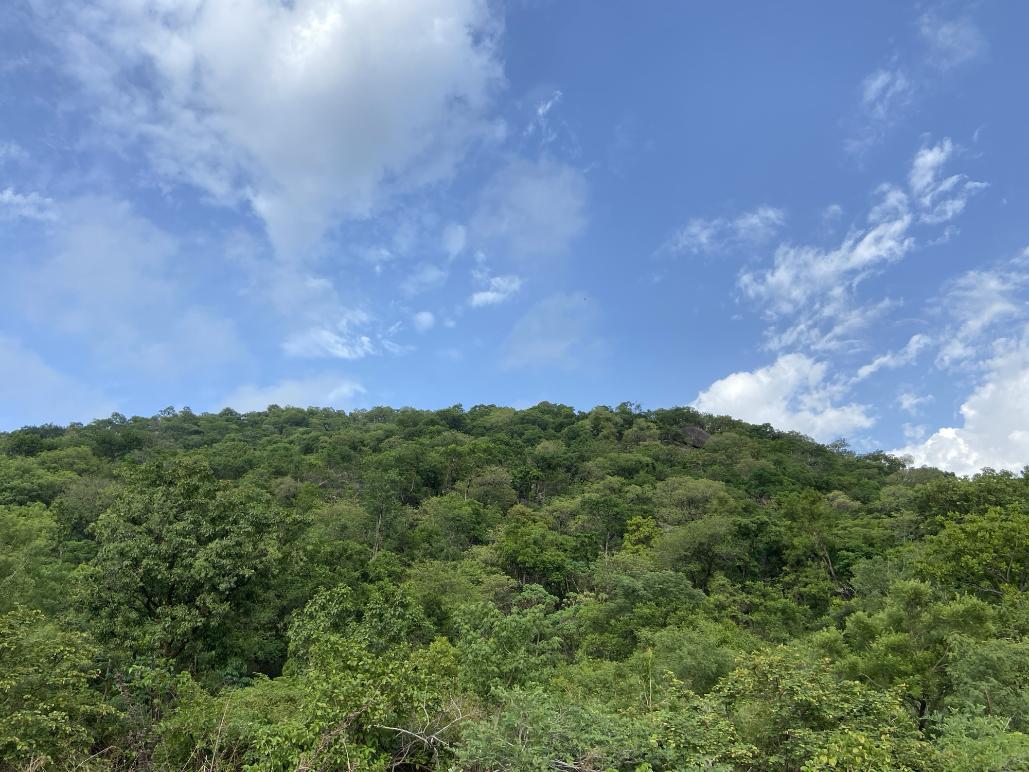 The image shows a hillside covered in dense green vegetation under a blue sky with scattered white clouds. The location is Mararaba, Nigeria. The hillside extends across the middle and lower portion of the frame. The sky occupies the upper portion, filled with white clouds drifting in a clear blue background. There are no visible people or animals.