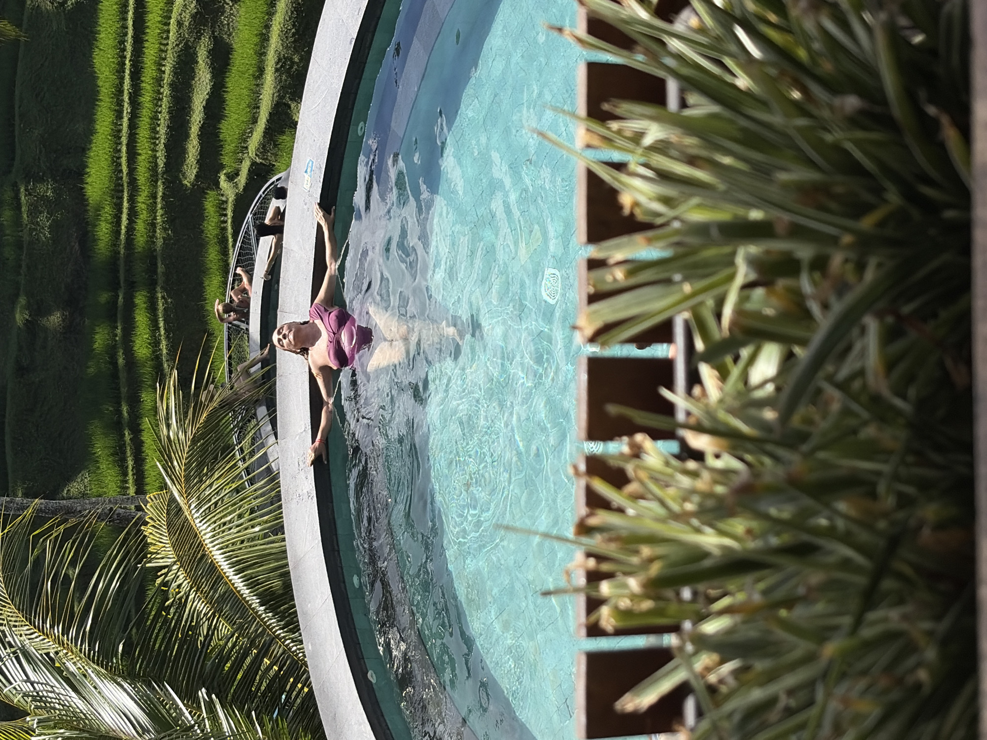In Tegallalang, Indonesia, a woman in a purple one-piece swimsuit relaxes in a circular infinity pool. Her arms are extended along the pool's edge, and her eyes are closed. The pool's turquoise water is clear, revealing the tiled bottom. In the background, lush green rice terraces cascade down a hillside. Two other figures are visible in the distance, sitting on a railing overlooking the terraces. The foreground of the image is blurred, showing the tops of green plants and a wooden railing. The scene is illuminated by bright sunlight.