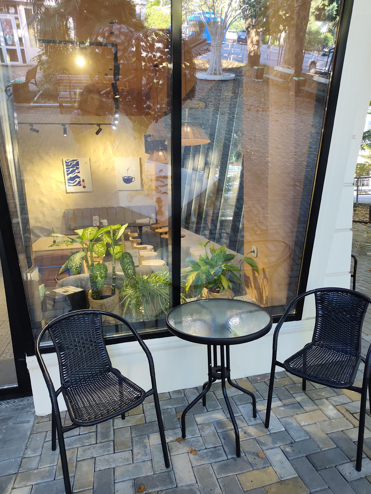 The image shows an outdoor seating area in front of a cafe or restaurant, likely in Sochi, Russia, given the presence of palm trees and the general aesthetic. Two black wicker chairs with metal frames are positioned around a small, round glass-top table with a black metal base. The chairs and table sit on a paved patio made of grey and beige interlocking bricks. Behind the seating area, a large glass window reflects the exterior environment and offers a glimpse into the cafe's interior. Inside, several potted plants, including a large Dieffenbachia, are visible, along with artwork on the wall and seating arrangements. The reflection in the window shows trees, a street with a car, and a sidewalk with benches. The overall scene depicts a pleasant, casual outdoor dining or waiting area.
