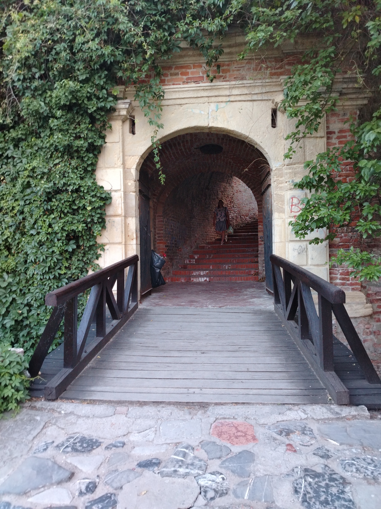 A wooden bridge with dark wooden railings leads to an arched entryway of a brick structure. Lush green ivy covers the left side of the brick structure and trails down from the top of the archway on the right. The entryway opens to a dimly lit stone staircase where a person in a patterned dress is walking down. A black trash bag is visible just inside the entryway to the left of the stairs. The ground in front of the bridge is paved with irregular shaped stones. The scene is an entrance to the Petrovaradin Fortress in Petrovaradin, Serbia.