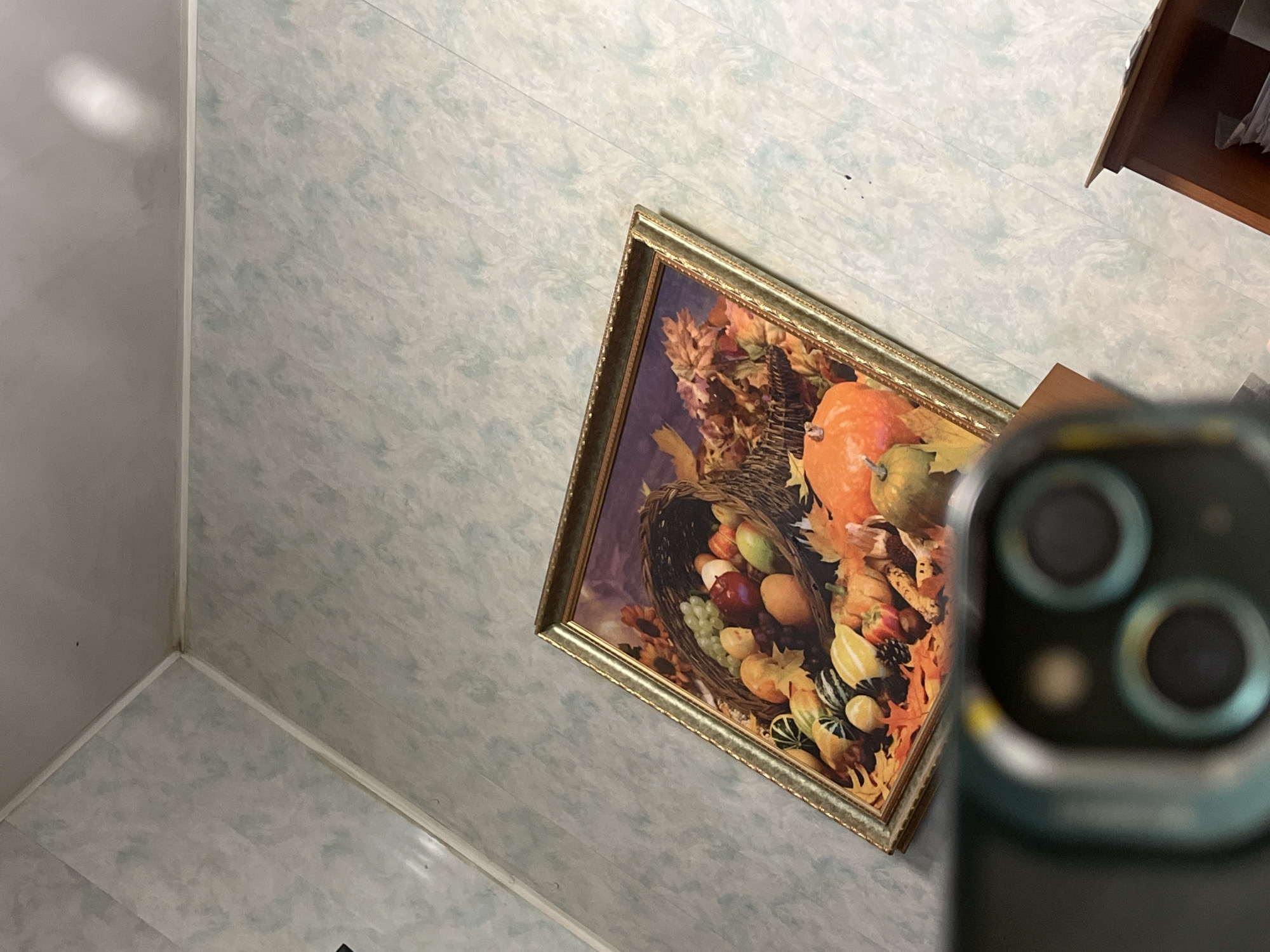 The image shows a framed painting of a cornucopia filled with autumn fruits and vegetables, such as pumpkins, gourds, apples, and grapes. The painting is leaning against a wall covered in a light blue and white marbled wallpaper. To the right of the painting, a corner of a wooden piece of furniture is visible, possibly a cabinet or desk. In the foreground, the camera of a smartphone is prominently featured, out of focus, with its distinctive three lenses visible. The overall impression is a still life scene, likely indoors, with a hint of the photographer's presence. The lighting suggests it could be daytime, but there are no clear indicators of weather or a specific time of day. There is no visible text in the image.