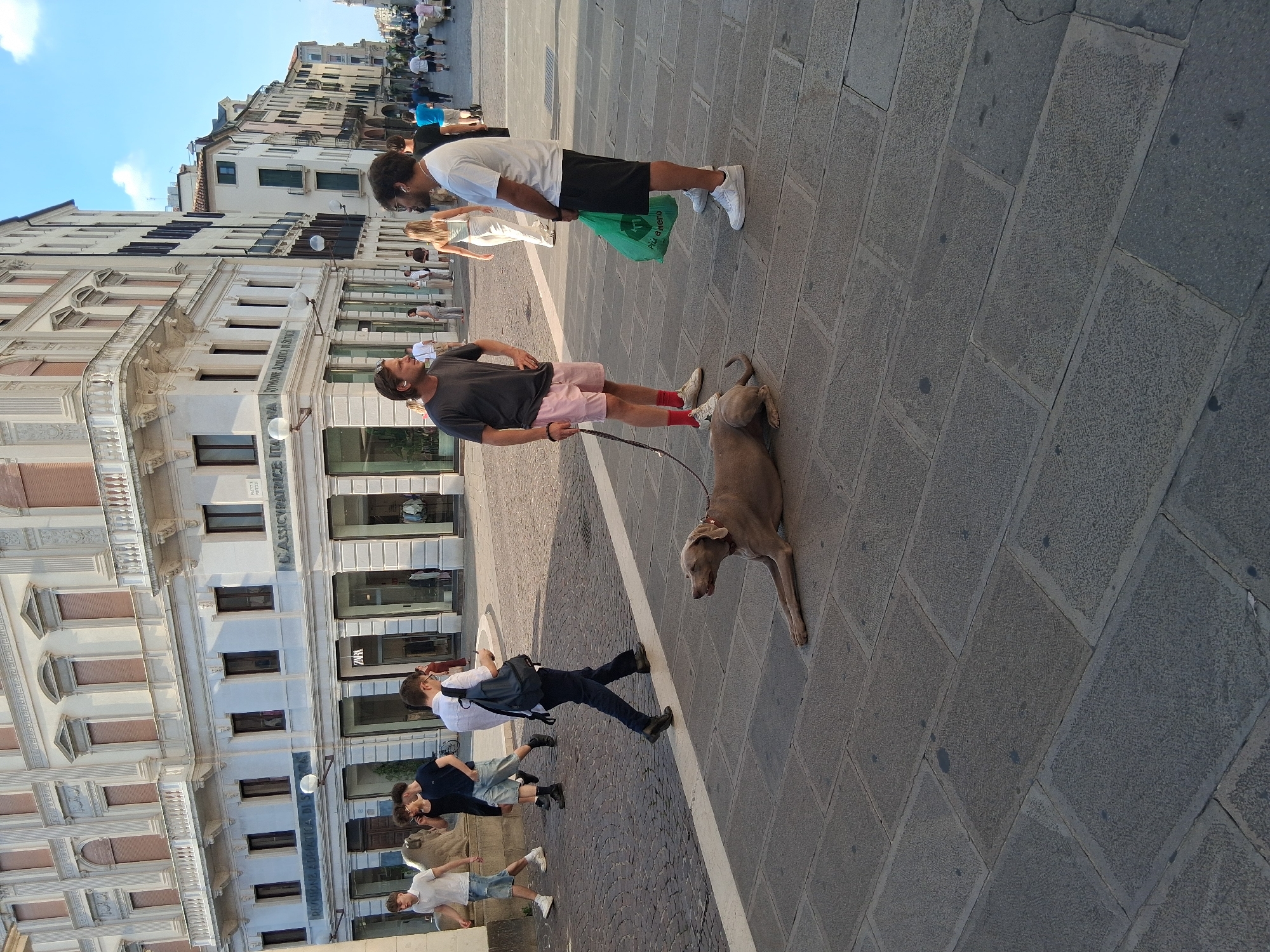 In Padua, Italy, on a sunny day, two men are standing on a cobblestone street, one holding a leash attached to a dog that is lying down. The man on the left is wearing a dark t-shirt, pink shorts, red socks, and white sneakers. He is holding a leash in his left hand. The dog, a Weimaraner, is lying down on the pavement, looking to the right. The man on the right is wearing a white t-shirt, black shorts, and white sneakers. He is holding a green plastic bag in his right hand. In the background, there are buildings with a mix of architectural styles, including classical elements and shops with large windows. Several other people are walking in the background, some with bags, suggesting a shopping area. The street is paved with large, rectangular stones. The overall scene depicts a casual moment in a public urban space.