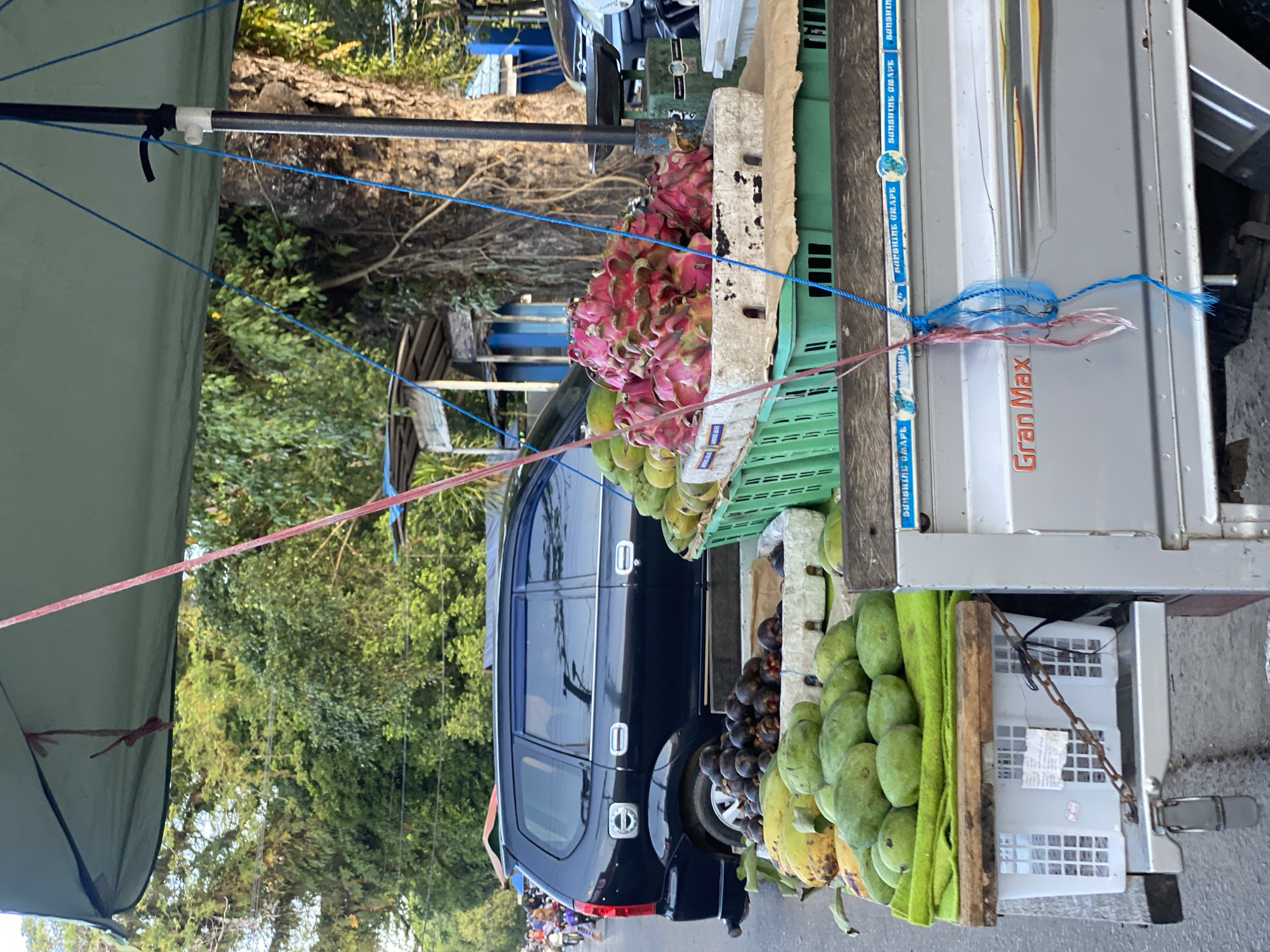 A street-side fruit stand is depicted in Martapura, Indonesia, set up on the side of a road where vehicles and motorbikes are present. The stand features a variety of fruits, including mangosteens, mangoes, and dragon fruit, displayed in green plastic crates and white cardboard boxes. A dark-colored van is parked behind the fruit stand, with trees and foliage visible in the background. The stand is covered by a green tarp supported by a dark pole and is tethered with blue ropes. The "Gran Max" logo is visible on the side of the truck serving as the base for the stand. The overall scene suggests a busy marketplace environment.