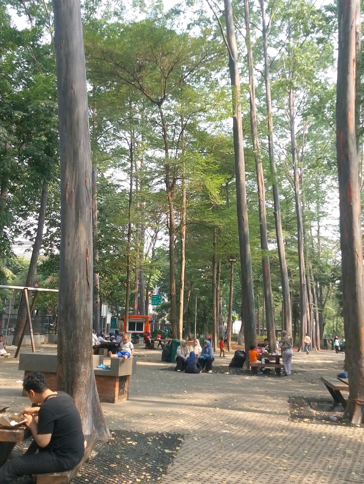The image depicts a daytime scene in Taman Lapangan Banteng, a park located in South Jakarta, Indonesia. A man in a black t-shirt and dark pants is seated at a wooden table on the left side of the frame, eating from a food container. In the background, several people are scattered throughout the park. Some are seated on benches, while others are walking. A child in a striped shirt and blue shorts is sitting on a concrete structure. There is a swing set visible in the far left background. The park is characterized by a long pathway paved with interlocking concrete blocks, lined with tall, slender trees. The ground is covered with fallen leaves and gravel. The atmosphere appears relaxed, with people enjoying the outdoor space.