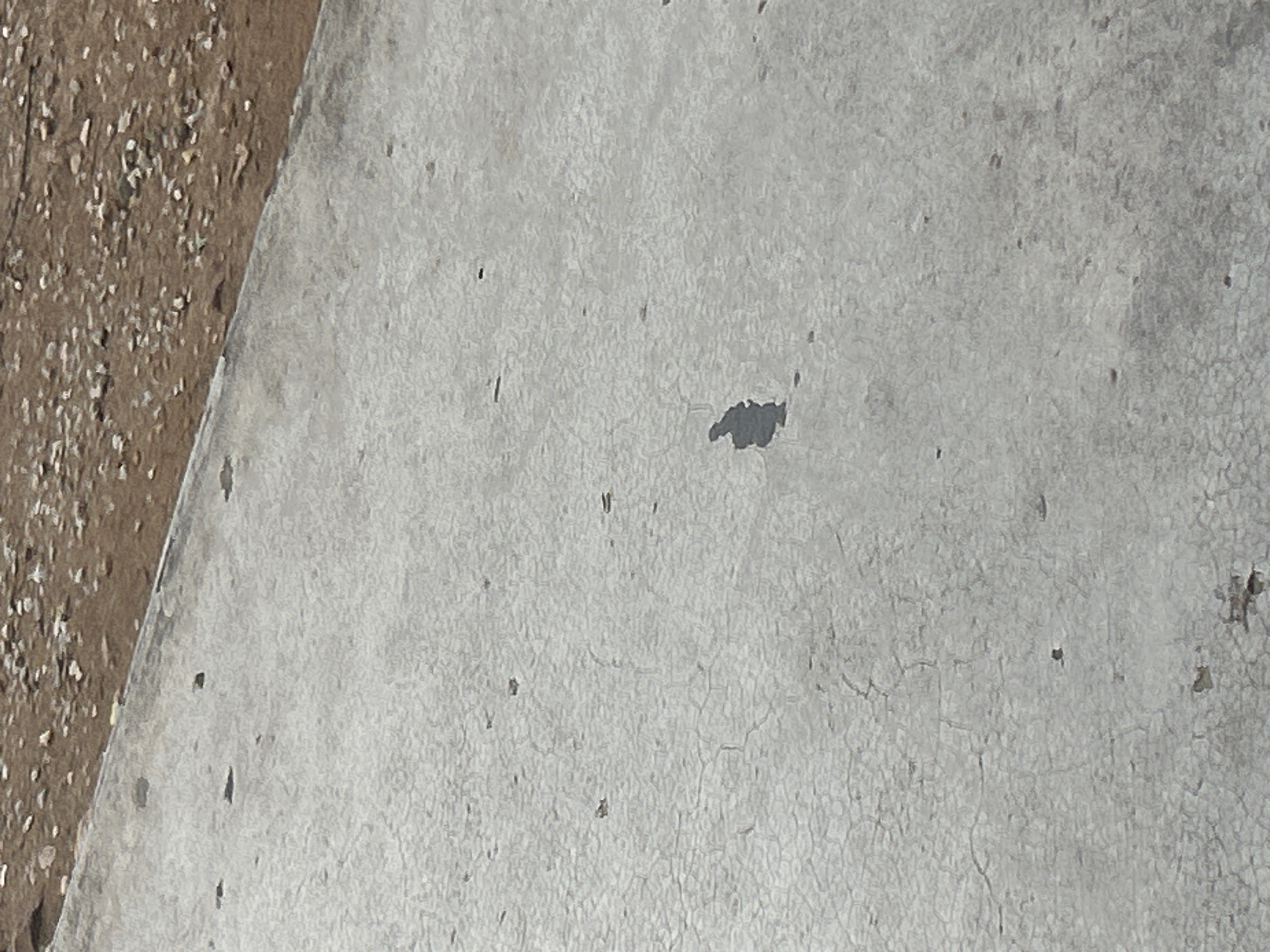 The image shows a close-up view of a cracked concrete surface with a dark stain in the center. The concrete appears to be part of an outdoor area, possibly a pathway or a plaza, adjacent to a section of dirt and gravel. The lighting suggests it is daytime. The scene is devoid of any people or significant activity. The background is out of focus, but it shows brown earth with small stones. This image likely depicts a mundane, everyday scene in Santa Ana, Venezuela, a city known for its rustic charm and arid landscapes, with no specific landmarks or identifying features visible.