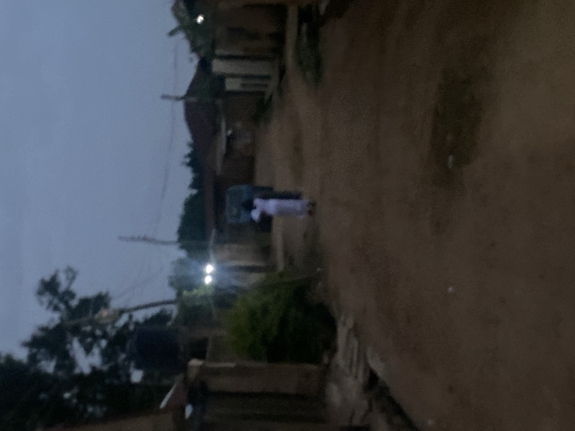 The image, likely taken at dusk or dawn, shows a dirt road in Bukuru, Nigeria. The road is unpaved and appears uneven. The sky is overcast. Along the road are simple buildings, some with visible concrete walls. A person wearing white clothing stands near the middle of the road. Power lines are strung across the sky. Vegetation is present, including a bushy plant in the lower-center of the image. The scene is dimly lit and details are somewhat blurred.