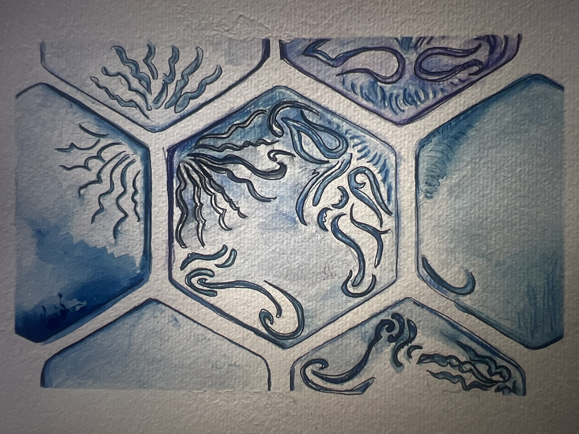 The image displays a watercolor painting on textured paper, composed of seven interconnected hexagonal cells. These cells are arranged in three horizontal tiers: a single hexagonal cell at the top, a central tier containing three hexagonal cells, and a bottom tier containing three hexagonal cells. Each cell is outlined in a darker blue-gray line. The overall color palette is dominated by blues, ranging from light cerulean to deep indigo, with occasional hints of purple pigment, particularly in the bottom-right cell.
Specific details within each hexagonal cell are as follows:
* The top, single cell contains dark blue wavy lines and stylized radial patterns, suggestive of sun rays or ripples.
* In the central tier, the leftmost cell features bold, dark blue swirling and curvilinear patterns.
* The central, largest cell in the middle tier displays complex, intertwined dark blue abstract forms resembling tentacles, organic tendrils, and flowing water patterns.
* The rightmost cell in the central tier contains numerous fine, dark blue wavy lines emanating outwards, suggestive of seaweed or flowing hair.
* In the bottom tier, the leftmost cell includes smaller, dark blue swirling patterns.
* The central cell in the bottom tier primarily features a gradient wash of light to medium blue, with minimal distinct patterns.
* The rightmost cell in the bottom tier exhibits a wash of blue with purple undertones, containing distinct dark blue-purple curvilinear shapes, some resembling hooks or stylized aquatic forms.
The unpainted areas of the paper are white and display a distinct texture. This artwork is situated in Mollet Del Vallès, Spain.