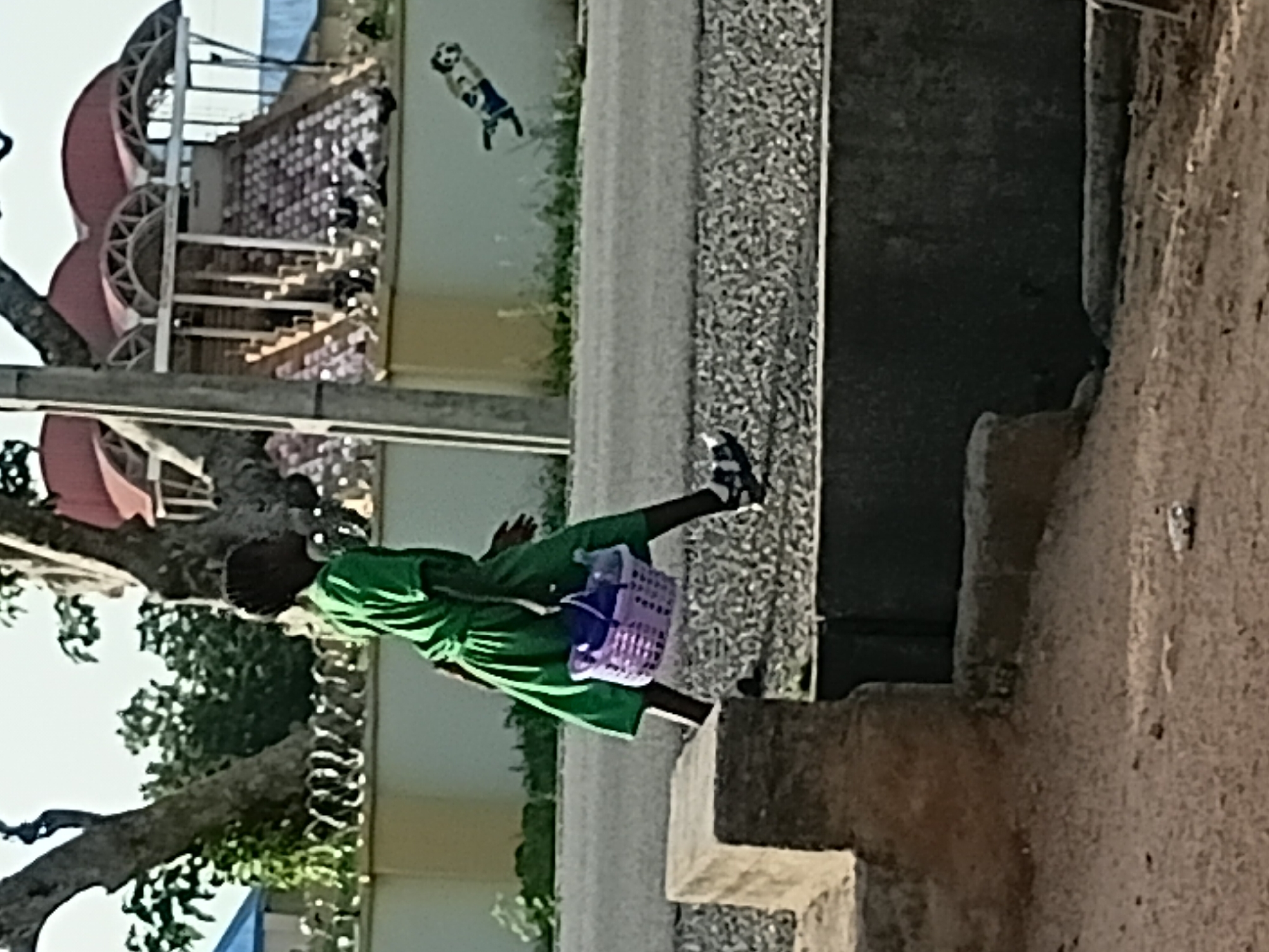 A young person in a green dress walks on a paved surface, carrying a purple woven basket. The person is moving from left to right, their body in profile. Behind them, a patterned wall topped with wire fencing runs horizontally across the frame. In the background, a building with a red, curved roof and tiered seating is visible, alongside trees and other structures. A drawing of a person in a blue and white outfit is on the wall. The foreground shows a concrete barrier and sandy ground. The scene appears to be in a public area, possibly near a stadium or educational institution.