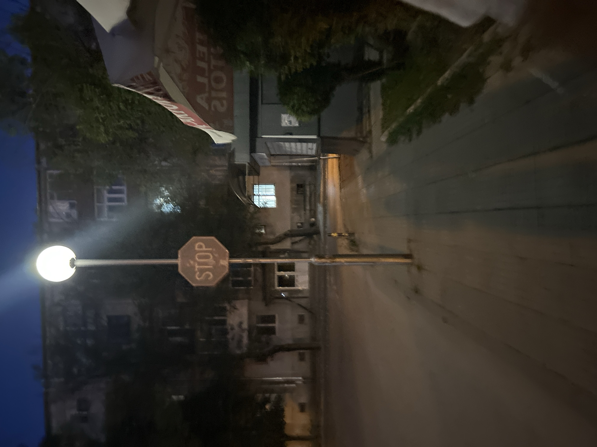The image depicts a nighttime street scene in Plovdiv, Bulgaria. In the foreground, a sidewalk is visible, with a stop sign mounted on a pole. A street lamp with a glowing orb is positioned behind the stop sign, casting light on the scene. Beyond the sidewalk, a road is seen, with a multi-story building in the background. The building has several windows, some of which are illuminated. Trees are present on the sides of the road and in front of the building. To the right, a portion of an awning with text is visible, possibly from a business. The overall atmosphere is dark, suggesting it is late at night or early in the morning.