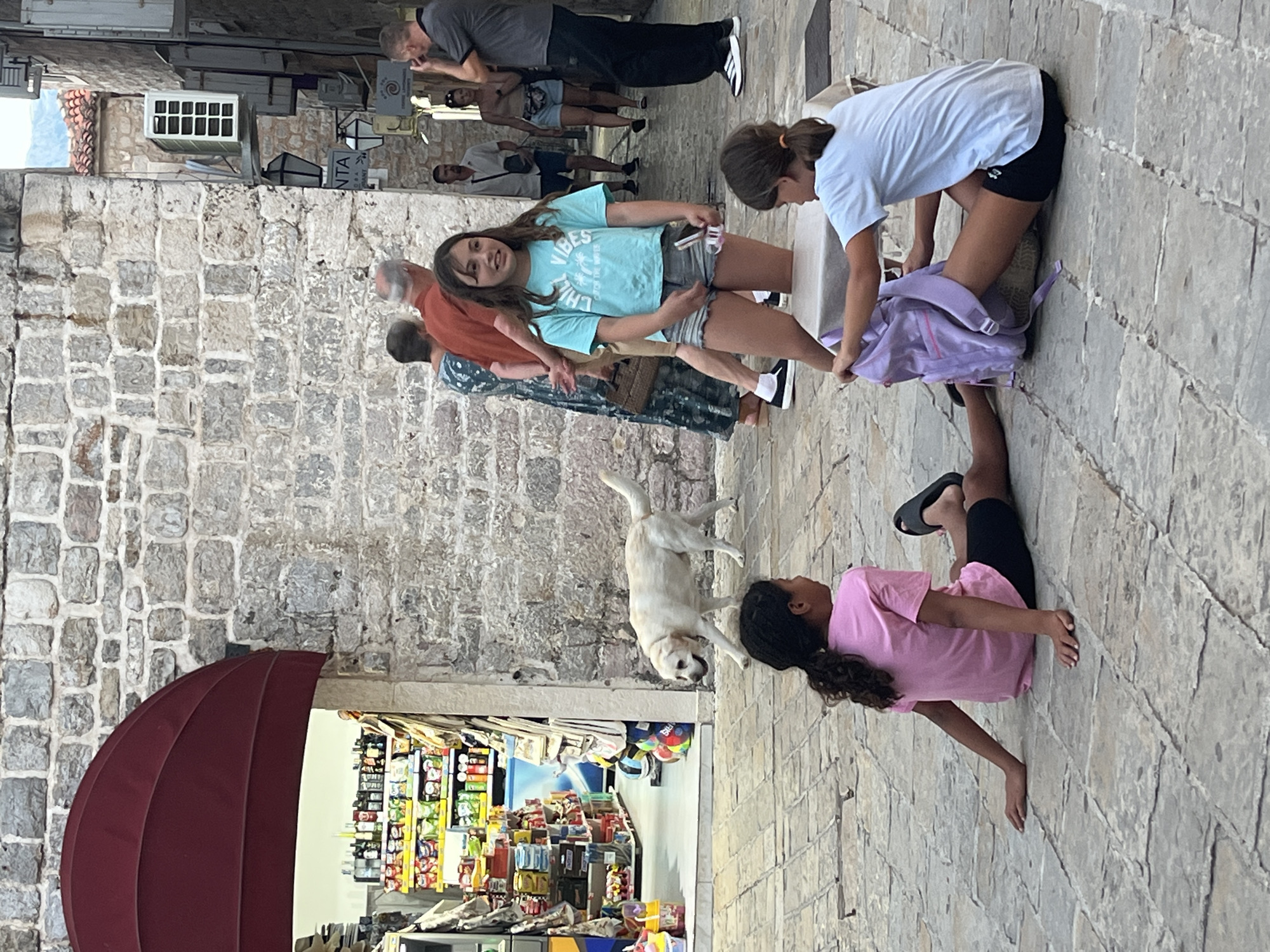 The image depicts a pedestrian street in Budva, Montenegro, characterized by its cobblestone pavement and stone buildings. In the foreground, two young girls are seated on the ground. The girl on the left wears a pink t-shirt and black shorts, while the girl on the right wears a light blue t-shirt and black shorts. The girl on the right is interacting with a purple backpack. A third girl, standing, wears a light blue t-shirt with "CHILL VIBES" printed on it and denim shorts. Behind them, a white Labrador retriever walks by. In the background, several adults are visible walking, including a man in a grey shirt, a woman in a patterned dress, and a man in an orange shirt. To the left, a storefront with an awning displays shelves stocked with various goods. An air conditioning unit is mounted on a building in the mid-ground.
