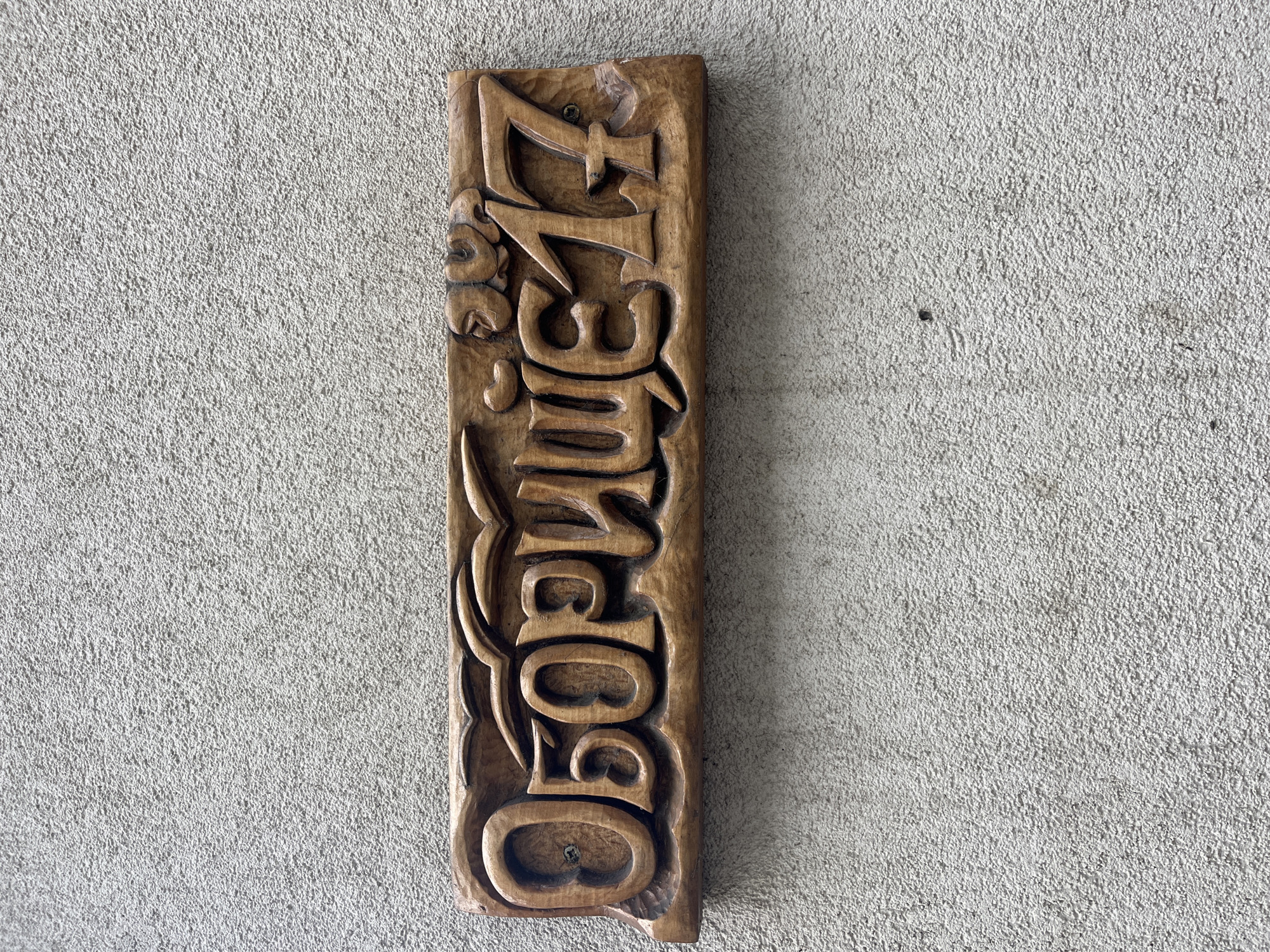 A vertical shot captures a narrow, vertically oriented wooden sign with carved lettering in a decorative font. The sign appears to read "Doghouse" from bottom to top. The carving is detailed with flourishes and stylized shapes. The wood is a medium brown color with varying shades. The sign is mounted on a rough, light gray textured wall. The wall's surface is uneven, with small bumps and variations in color. The sign's top is marred with what appears to be a screw hole or indentation. The location is Burgas, Bulgaria.