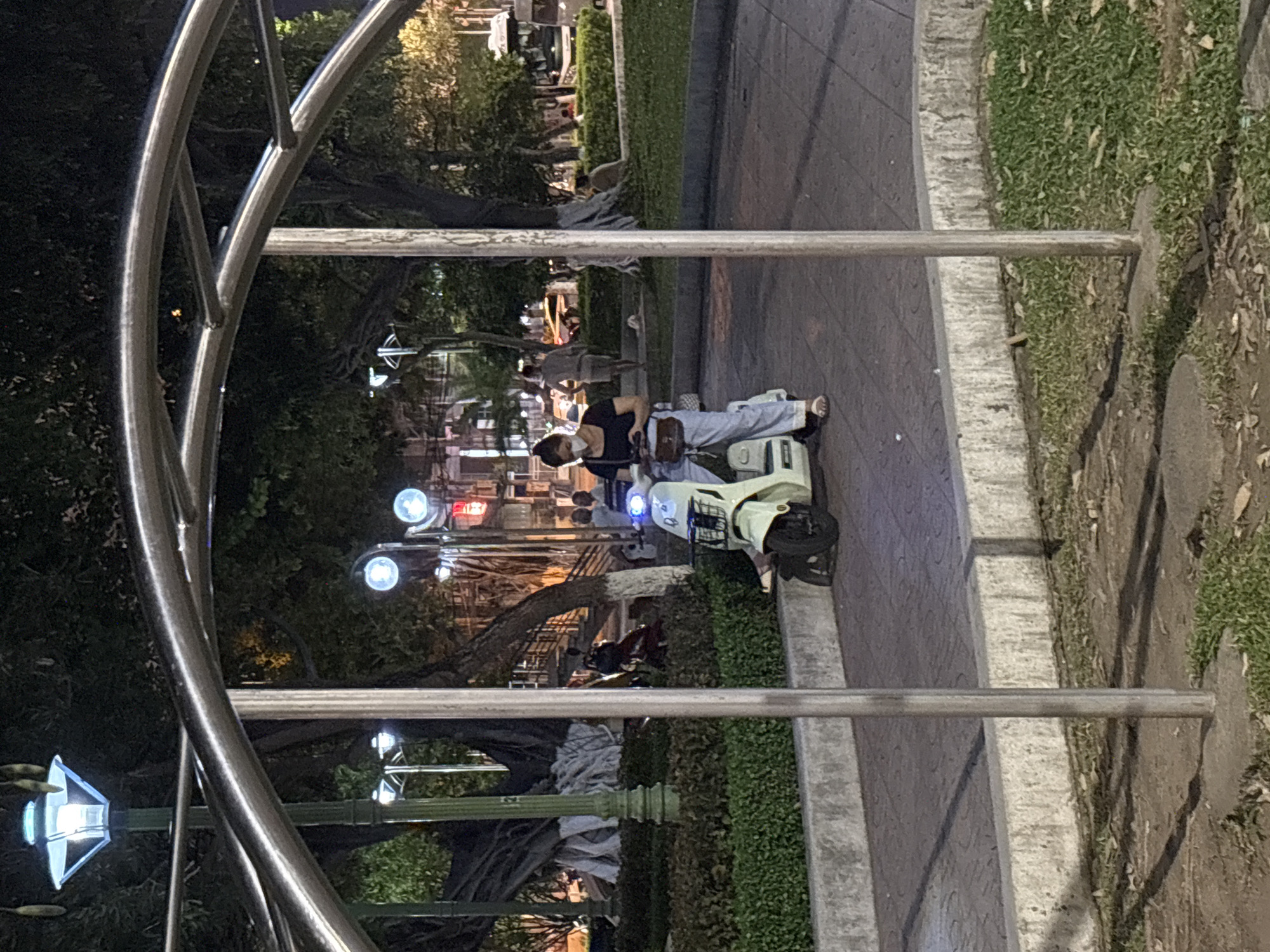 In Nha Trang, Vietnam, a woman wearing a dark t-shirt, light blue pants, and sandals stands next to a pale green electric scooter at night. She has a dark crossbody bag and is looking down at her phone. The scooter is parked on a paved walkway in what appears to be a public park. Behind the woman, trees with lush foliage are visible, and streetlights illuminate the scene. In the background, other people can be seen walking and sitting, and a bus is parked nearby. A large, ornate metal structure arches over the area, casting shadows on the ground. The overall ambiance is that of a typical urban evening scene in Vietnam.