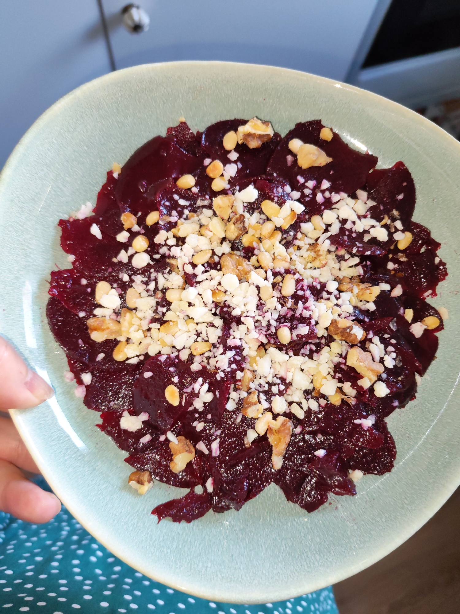The image presents a close-up, slightly elevated view of a light blue-green ceramic bowl containing a vibrant food preparation. The main component consists of thinly sliced, dark red-purple pieces, strongly resembling beetroot, arranged in a circular, overlapping pattern. These are generously garnished with two types of chopped nuts: lighter, elongated pieces (possibly pine nuts) and larger, irregularly shaped, light brown chunks (walnuts). Small, white, granular specks, possibly crumbled cheese or salt flakes, are also scattered over the dish.
A light-skinned hand is visible in the lower-left corner, holding the edge of the bowl. The person holding the bowl is wearing green clothing with a white polka-dot pattern, visible at the bottom of the frame. The background is blurred, indicating an indoor setting, likely a kitchen or dining area. Faint details in the background include a light gray wall with a white knob in the upper left, and a dark, reflective surface in the upper right. The lighting is bright and even, illuminating the food clearly. No text is visible in the image. The scene depicts a carefully prepared dish, possibly an appetizer or salad, being presented or served. The location context for this image is Izhevsk, Russia.