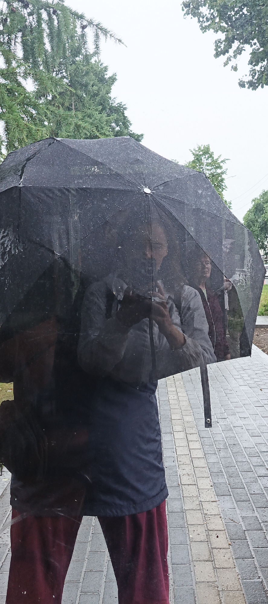 The image shows a reflection of a person holding a black umbrella in the rain. The person is wearing a dark jacket and maroon pants. Another person can be seen in the background, also reflected in the umbrella. The scene appears to be outdoors, with trees and a paved walkway visible. The ground is covered in light grey and yellow rectangular tiles. The sky is overcast and it is raining, with raindrops visible on the umbrella. The location is unknown.