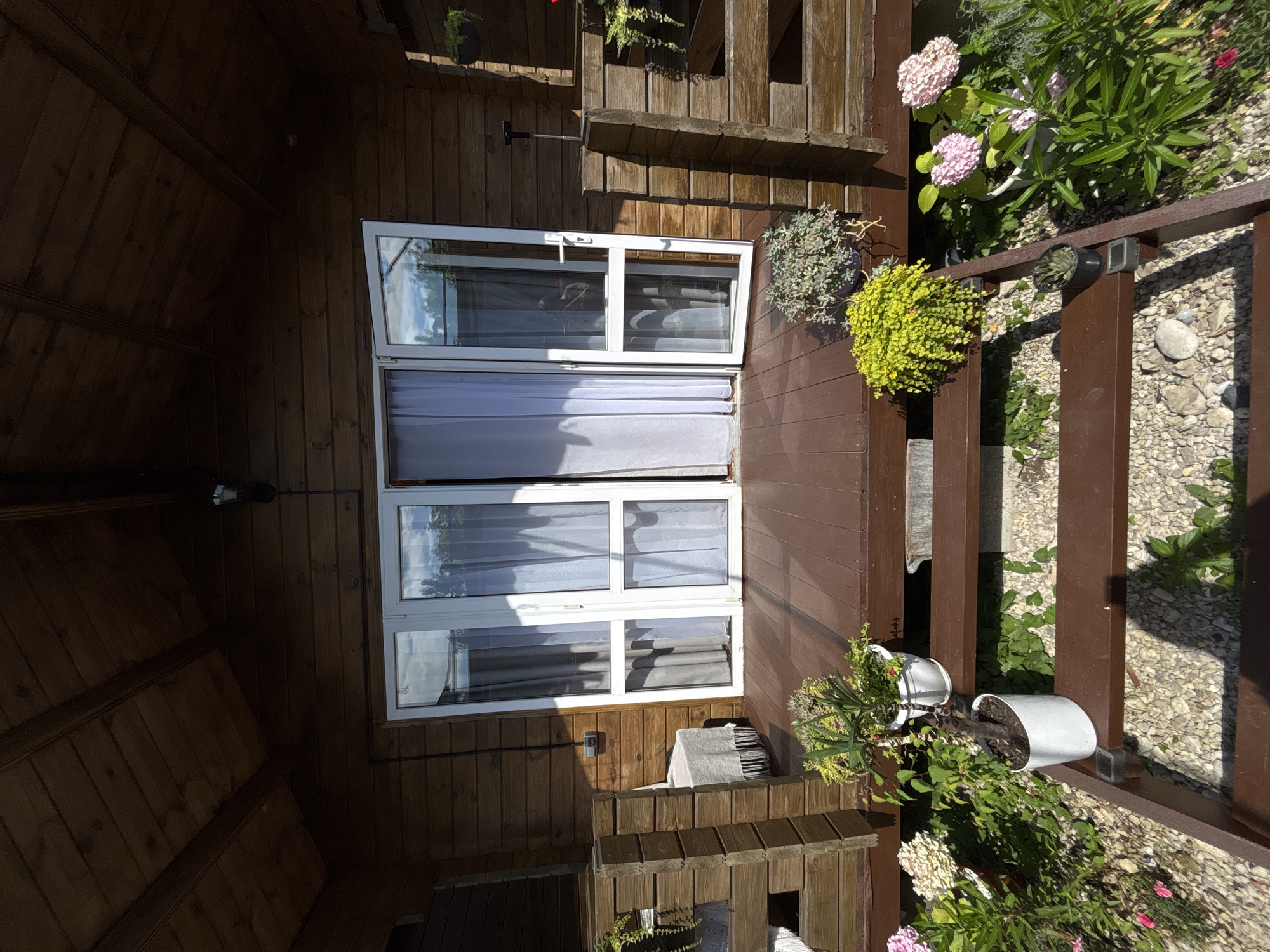 This is a horizontal, eye-level, outdoor photograph of a wooden structure, likely a porch or a small cabin, on a sunny day. The wood is stained a reddish-brown. On the structure's wall, there is a white-framed window with three panes. The window is open on the right side, allowing a view of white curtains inside and a reflection of the sky and trees in the glass.
To the right of the window, a railing made of the same reddish-brown wood runs across the frame. Several potted plants are placed along this railing and on the ground next to it. One plant with bright green, dense foliage is in a purple pot. Another plant with delicate, light pink flowers and green leaves is in a white pot. Further to the right, more plants and flowers are visible, along with a scattering of grey pebbles and rocks.
The scene has a relaxed, domestic feel, possibly a garden area or a backyard. The sunlight casts shadows, suggesting it is daytime. The overall impression is one of a well-maintained outdoor space with an abundance of greenery. No people are visible in the image. There is no visible text.