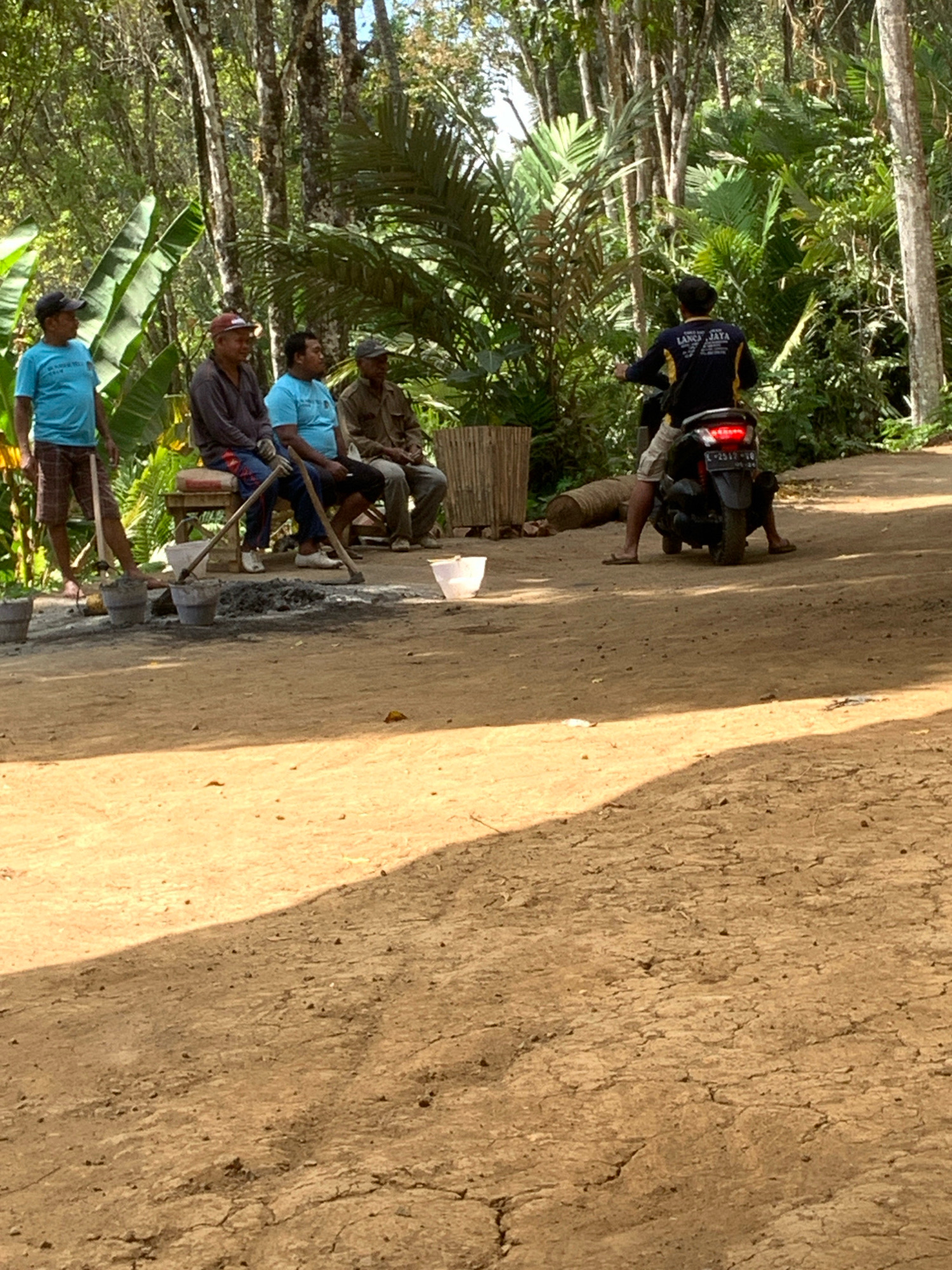 The image depicts a sunny, outdoor scene in Pronojiwo, Indonesia, where a group of men are gathered. Four men are seated on a low bench or platform, appearing to be taking a break or observing. One man stands to the left, holding a long tool, possibly for construction or gardening. Another man is seated on a motorcycle facing away from the camera, with text on his jacket reading "LANCA JAYA". Several buckets are placed on the ground, some containing a grey substance that looks like cement mix, suggesting a construction or renovation project is underway. The environment is lush with tropical vegetation, including large-leafed plants and tall trees, characteristic of the Indonesian landscape. The ground is a dusty, reddish-brown dirt path.