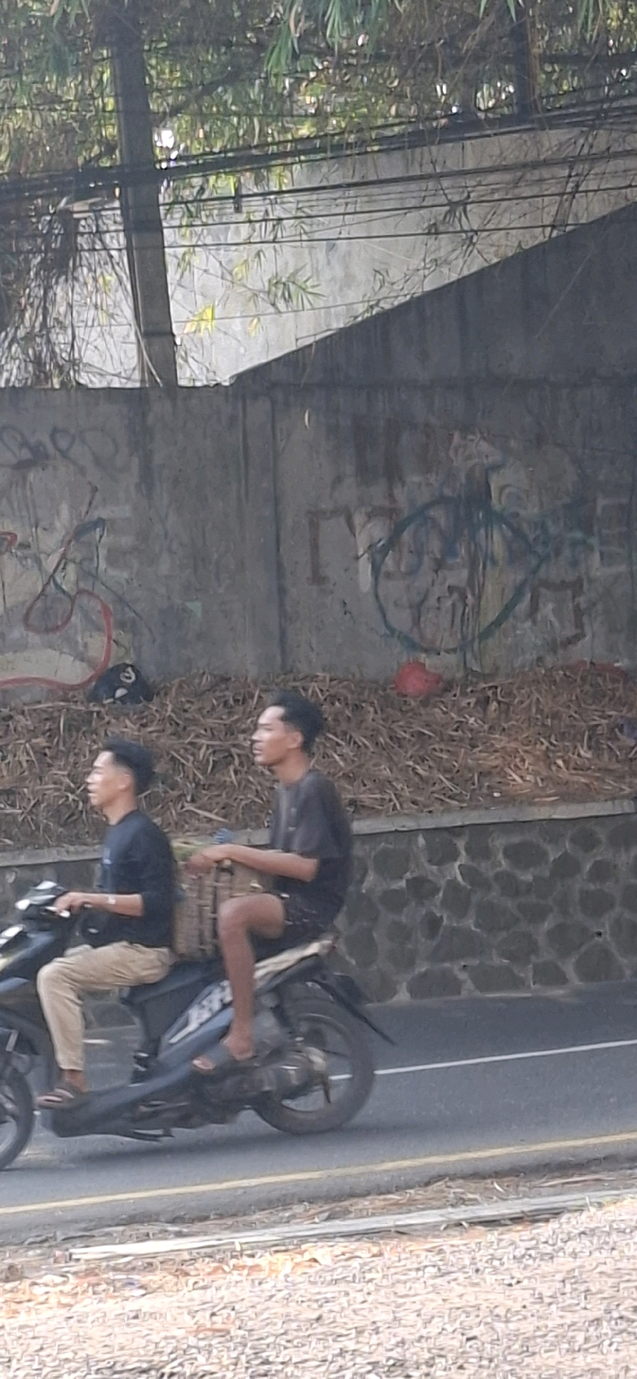 In Cilaku, Indonesia, two young men are riding a motorcycle on a paved road. The man in front is wearing a black long-sleeved shirt and tan pants. The man behind him is wearing a black short-sleeved t-shirt and dark shorts, and he is carrying a woven basket. They are riding past a concrete wall covered in graffiti, with dried leaves and bamboo visible on the slope behind the wall. The motorcycle is dark blue and grey.