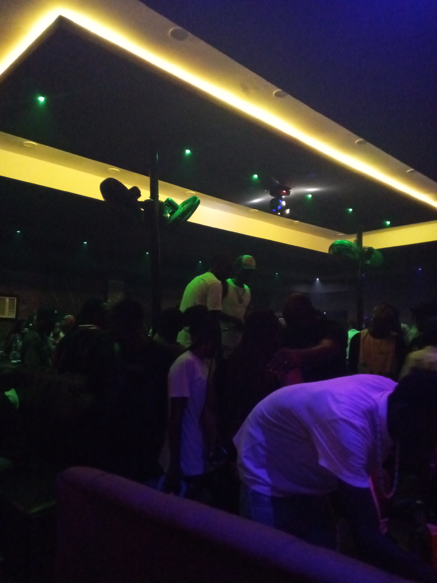 The image depicts a dimly lit interior scene, likely a nightclub or lounge, located in Lokoja, Nigeria. A crowd of people is present, some wearing light-colored shirts, others appearing darker. The ceiling is black with recessed lighting and illuminated strips. Green decorative lights are scattered on the ceiling. Two vertical poles with green, palm-leaf-shaped decorations are prominent within the crowd. A possible air conditioning unit is visible on the wall.