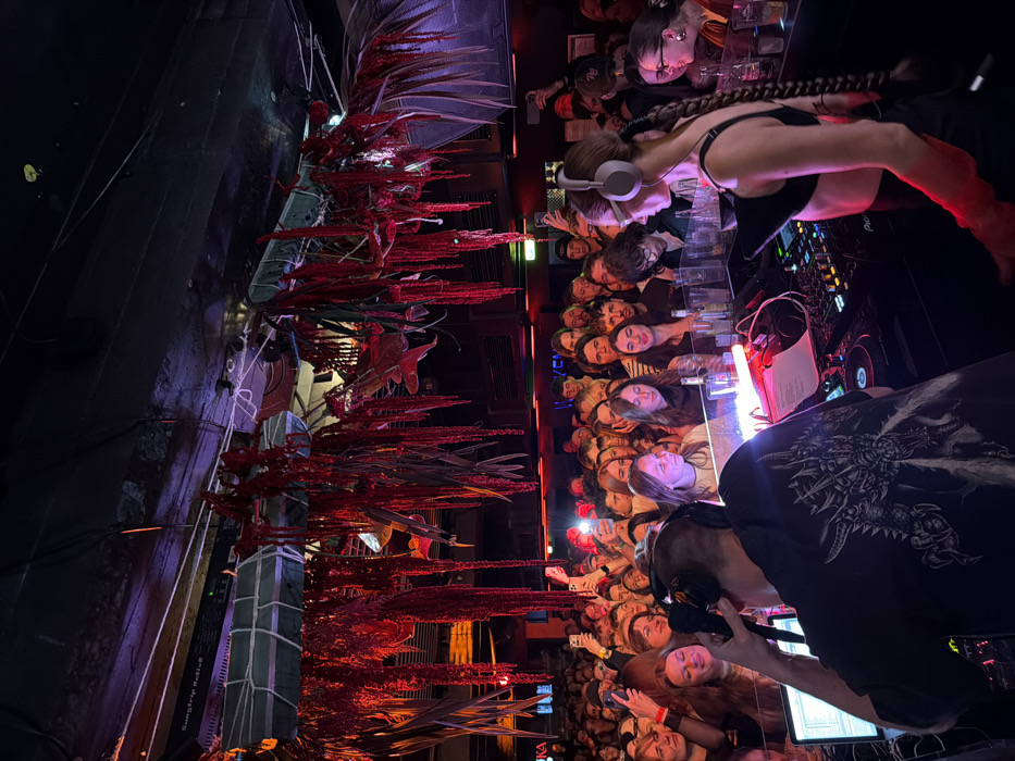 An indoor scene depicts a densely packed music venue or nightclub in Berlin, Germany. In the foreground, two disc jockeys (DJs) operate a professional setup. A male DJ, viewed from behind, wears a black t-shirt with a white dragon design and headphones, actively engaging with a laptop and a multi-channel mixer. Adjacent to him, a female DJ is positioned in profile, wearing white over-ear headphones, dark glasses, a black bralette-style top, and red arm coverings, also interacting with the DJ equipment.
Immediately behind the DJs, a large, diverse crowd fills the midground, facing forward toward the performance. Many individuals are holding up smartphones, several with illuminated screens or camera flashes active, seemingly recording the event. The crowd extends into the background, where additional patrons are visible.
The environment is characterized by low lighting, predominantly dark with accents of red and purple light. The ceiling is decorated with numerous cascading red, stringy, plant-like decorations, interspersed with broader green fronds and visible exposed wiring and ventilation systems. In the background, illuminated signage is partially visible, including what appears to be "WODKA" and part of another word resembling "WAVEN." Several bottles and glasses are present on the DJ booth and a bar counter to the right.