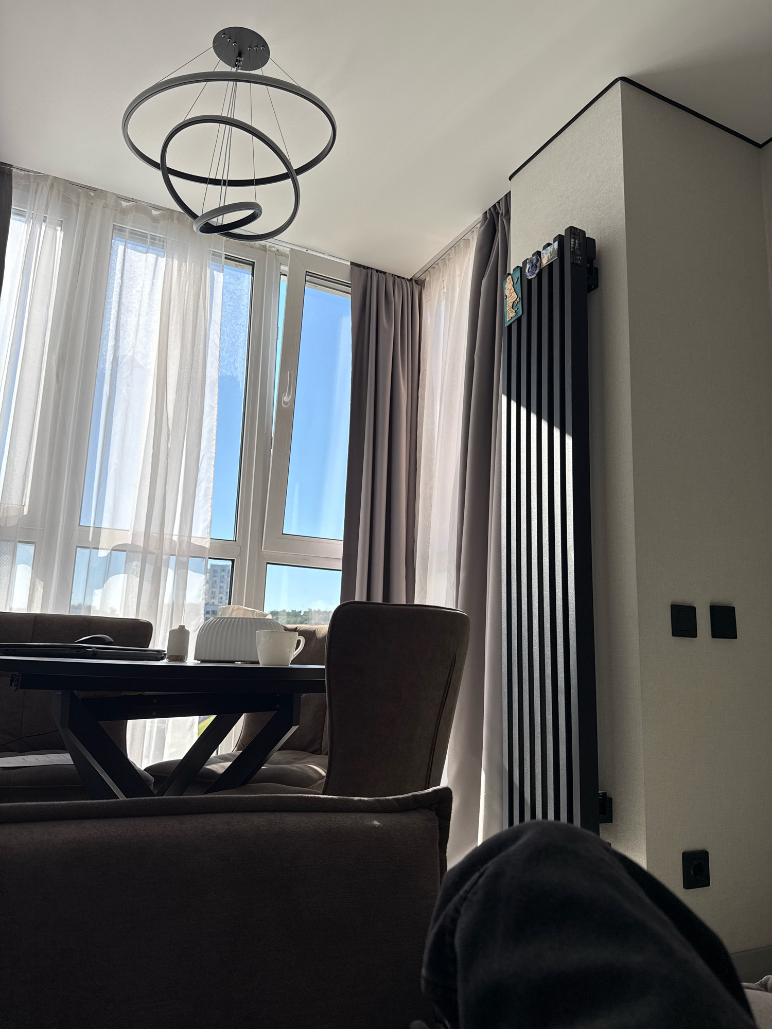 The image depicts an indoor scene, likely a modern apartment in Vladivostok, Russia. A large window with sheer white curtains and darker grey drapes offers a view of the sky and a distant building. Sunlight streams through the window, casting shadows.
In the foreground, a dark dining table with a geometric base is partially visible. On the table, there are a few items, including a tissue box, a small white bottle, and a white mug. Two upholstered chairs, one brown and one darker brown, are placed around the table. A dark-colored sofa or armchair is also visible in the lower portion of the image.
A tall, black radiator with vertical slats is mounted on the wall. There are two electrical outlets on the wall to the right of the radiator. Above the table, a contemporary black chandelier with three interconnected rings hangs from the ceiling.
The overall impression is one of a tidy, well-lit living space. No individuals are explicitly depicted in the scene.