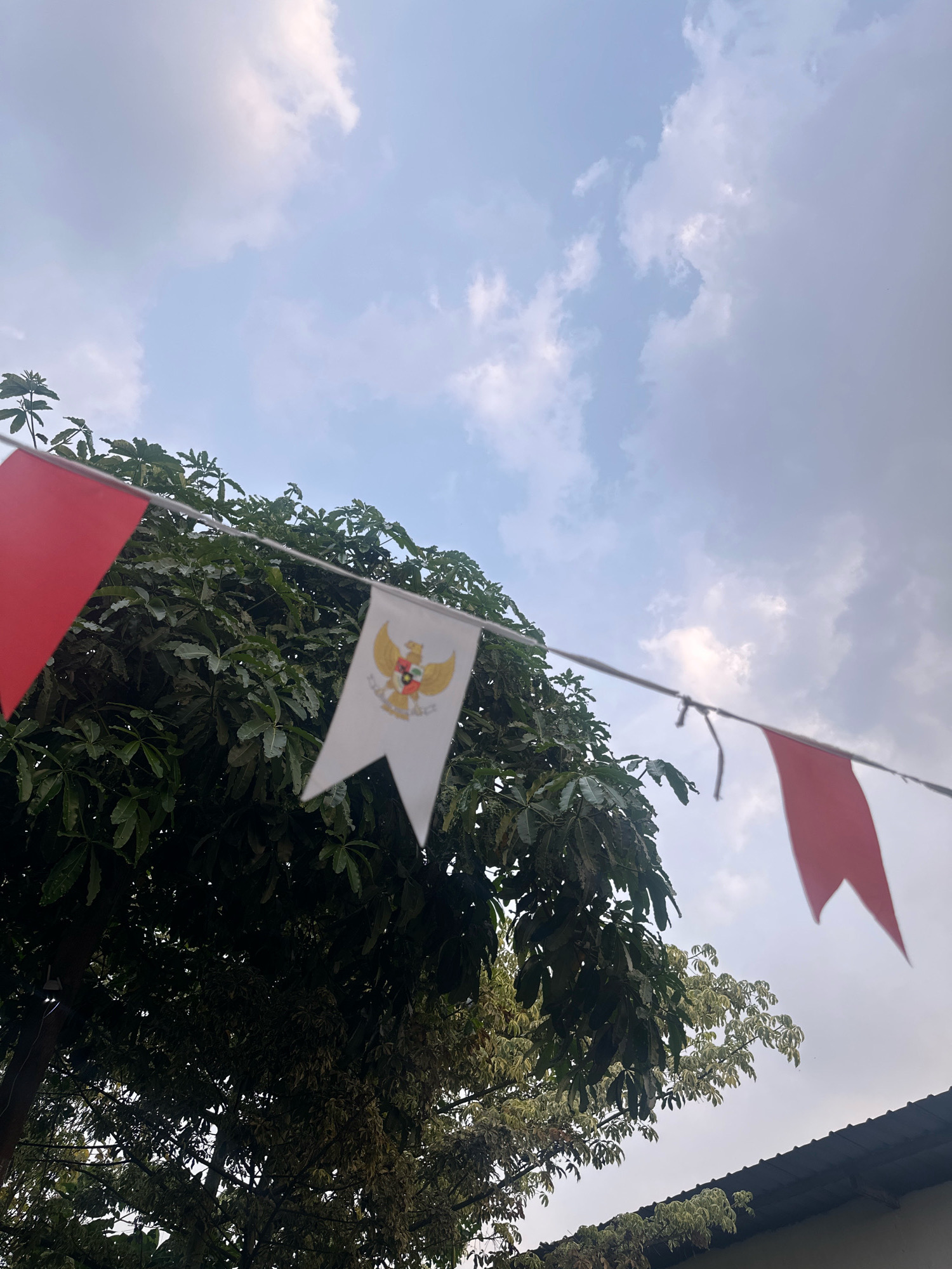 In Mojokerto, Indonesia, a string of decorative flags is strung across a background of trees and sky. The flags are red and white, with one white flag featuring the Garuda Pancasila, the national emblem of Indonesia. The sky is partly cloudy, with a mix of blue sky and white clouds. The trees are green and leafy, suggesting a tropical or subtropical climate. The scene appears to be an outdoor celebration or event, possibly related to Indonesian Independence Day, which is celebrated on August 17th.
