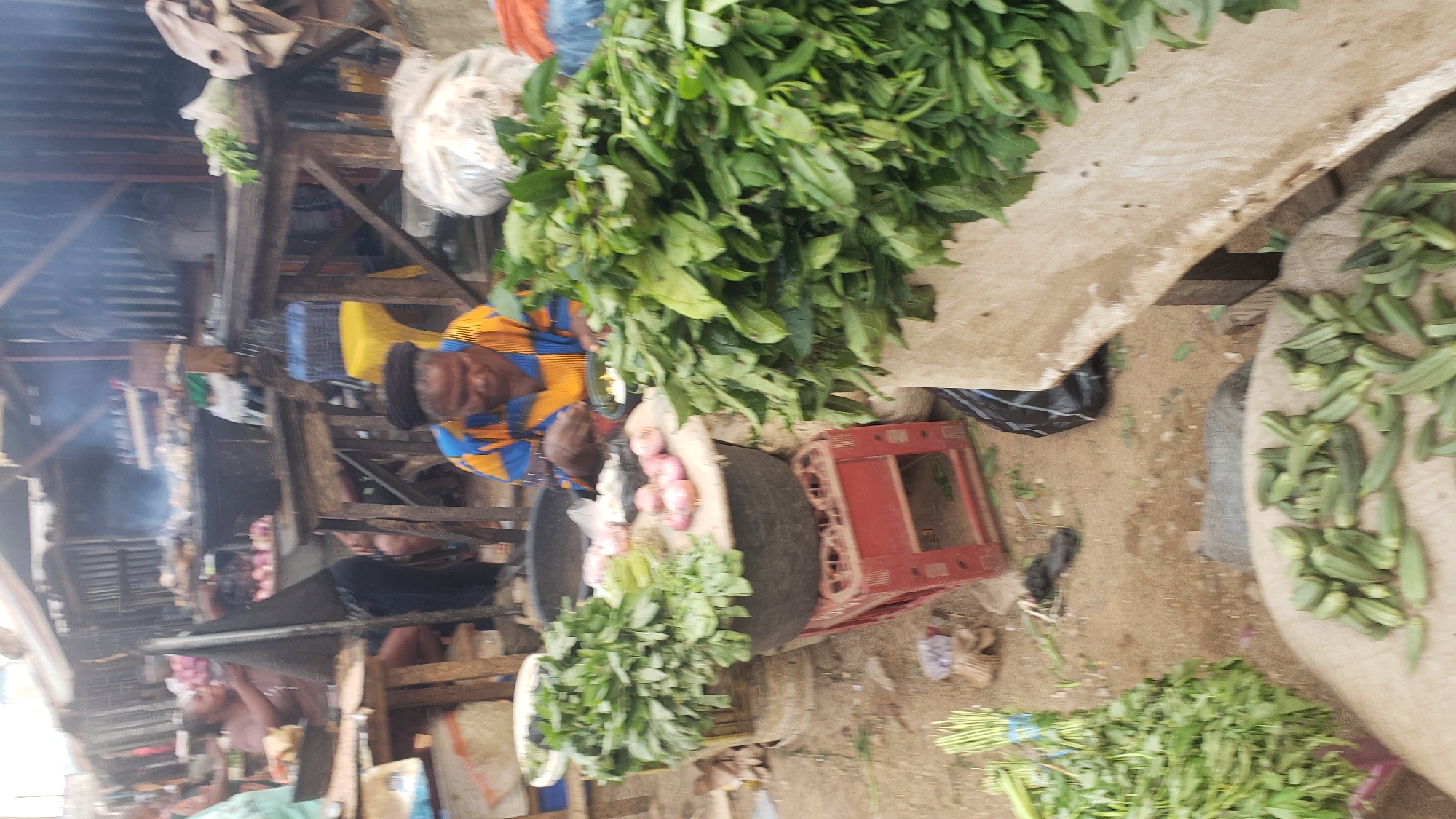 The image depicts a market scene in Narayi, Nigeria. An individual wearing a blue and yellow patterned garment sits at a stall surrounded by produce including leafy greens, onions, and okra. The stall is constructed of wood. In the background, additional vendors and structures are visible. The scene appears to be outdoors and the ground is dirt. A red crate sits adjacent to the stall, and various bags and containers are scattered around.
