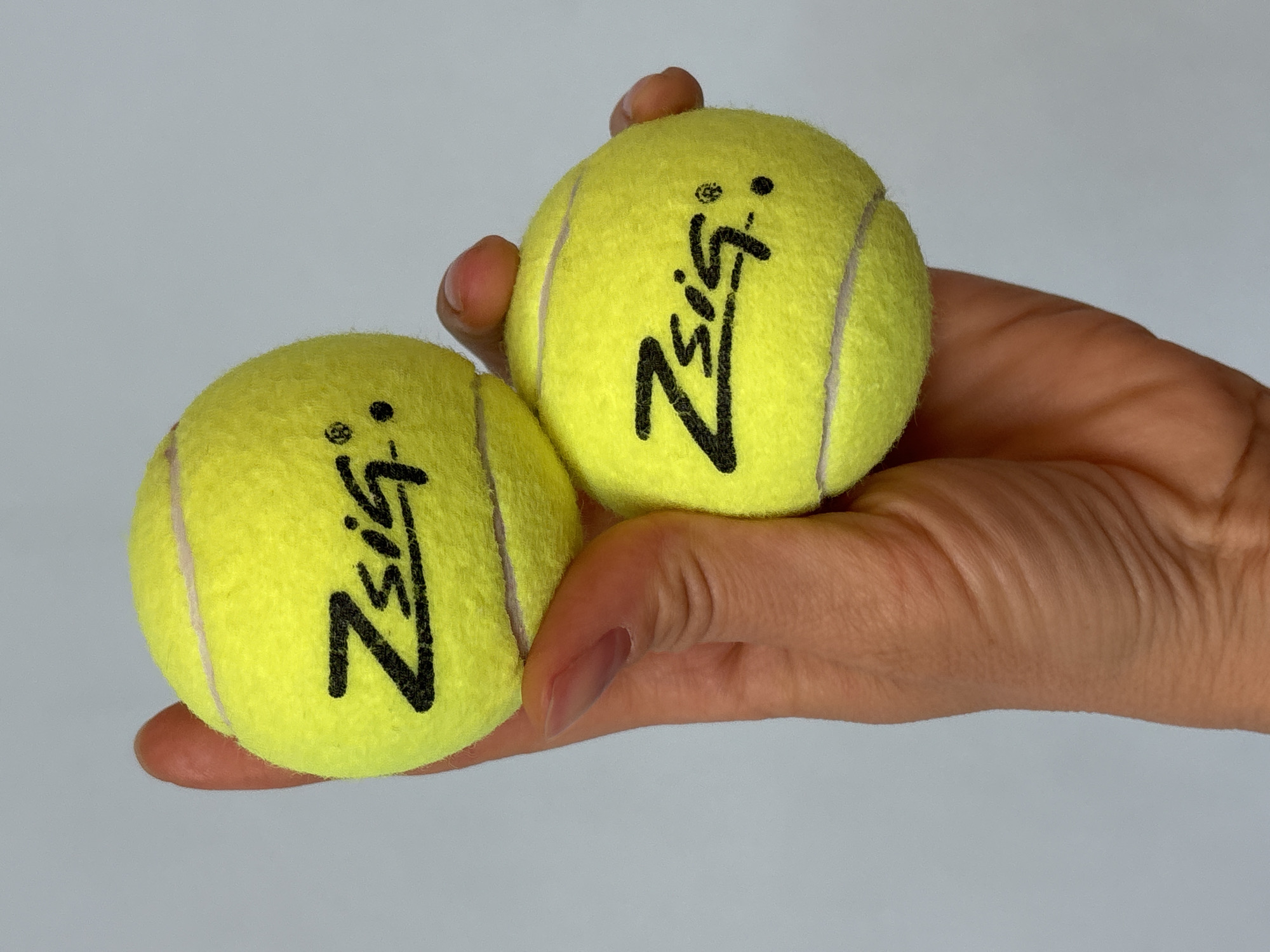 A hand holds two yellow tennis balls with the name "Zig" printed on them in black ink. The background is a plain, light grey surface. The scene suggests a close-up, studio-style photograph with a focus on the tennis balls and the hand holding them. There is no discernible information present that could indicate the location of the city of Chaikovsky, Russia.