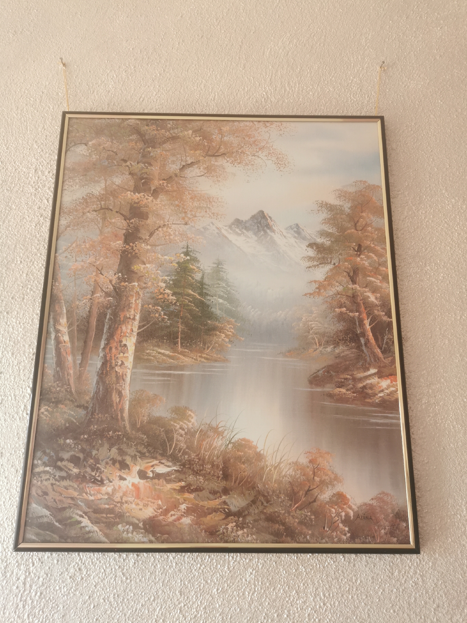 A framed landscape painting is depicted, hanging on a light-colored, textured wall, suspended by two thin cords. The painting showcases a serene natural environment, likely an autumnal or early winter scene.
The central feature of the painting is a calm body of water, possibly a river or lake, reflecting the soft, diffused light of the sky. Its surface is smooth, with subtle ripples. On the left bank, several tall deciduous trees with light, almost white, trunks and sparse, light brown-orange foliage stand prominently. Behind them, a dense forest of dark green coniferous trees recedes into a misty middle ground. The right bank also features trees with similar autumnal or bare foliage, along with bushes and grasses.
In the background, majestic snow-capped mountains rise, partially obscured by a soft, atmospheric haze or mist, adding to the tranquil and somewhat ethereal quality of the scene. The overall color palette is dominated by muted earth tones, soft browns, grays, and subtle blues, conveying a sense of peace and a cool climate. The light suggests either early morning or late afternoon.
There is no discernible activity or event taking place; the painting captures a still moment in nature.
A notable detail is the artist's signature, "ADINA," visible in the lower right corner of the painting, subtly integrated into the foliage near the water's edge. The painting is encased in a dark frame with a thin, lighter inner trim.