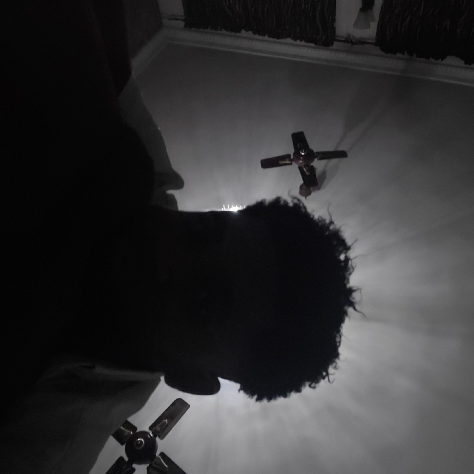 The image depicts a low-angle shot of a person with curly hair, silhouetted against a bright ceiling. Two ceiling fans are visible, one closer to the person and the other further away. The ceiling appears to be a plain white, possibly with molding around the edges. Curtains hang near the top edge of the frame. The location is Unknown, Unknown.